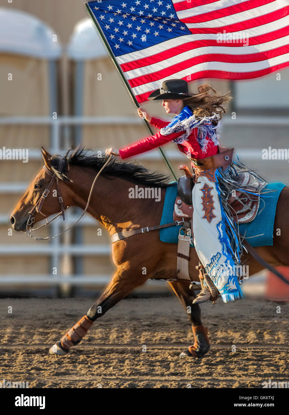 Rodeo Queen on horseback with American Flag; Chaffee County Fair