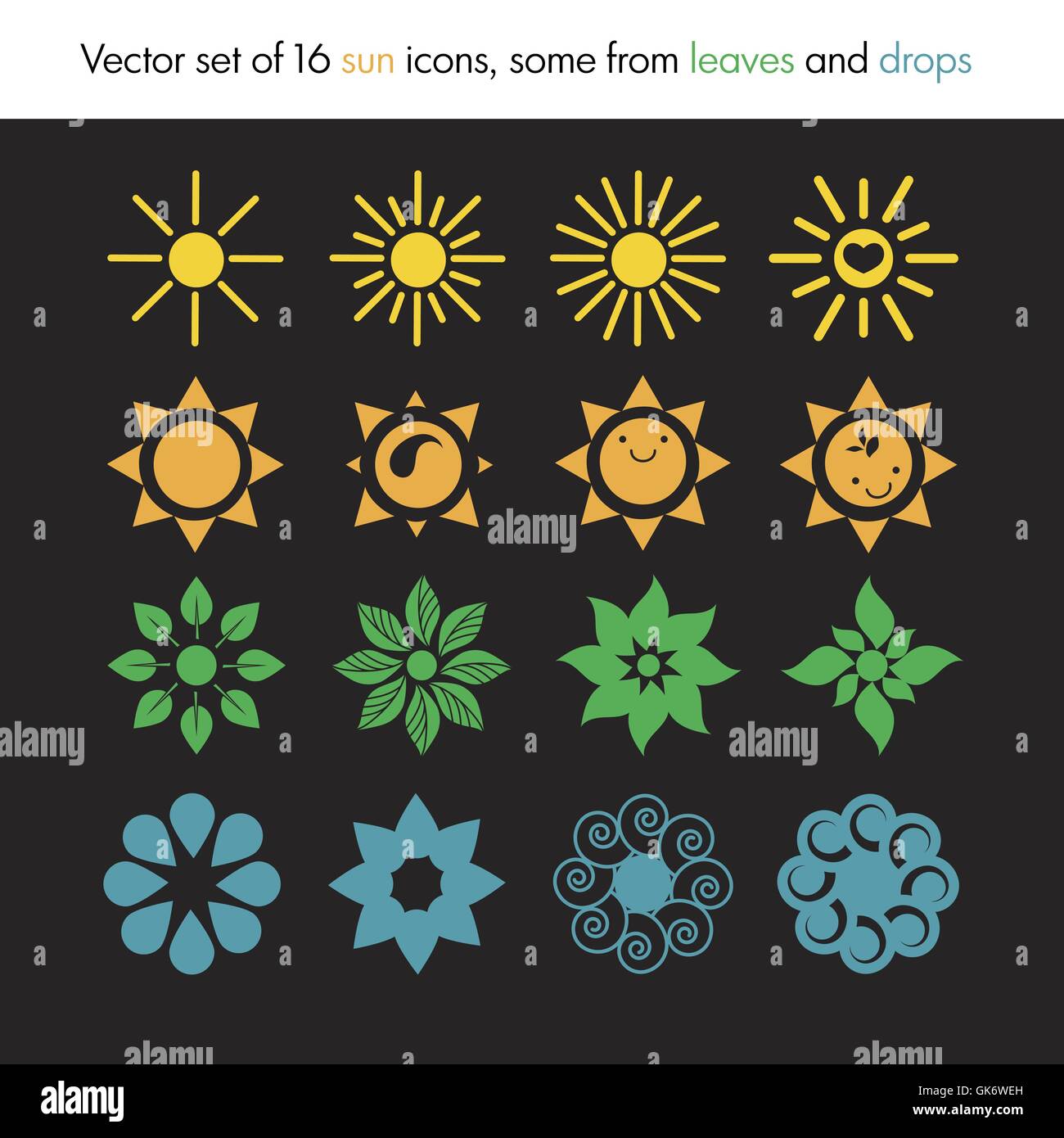 Set of sun icons from leaves, drops, nature logo, ecology Stock Vector