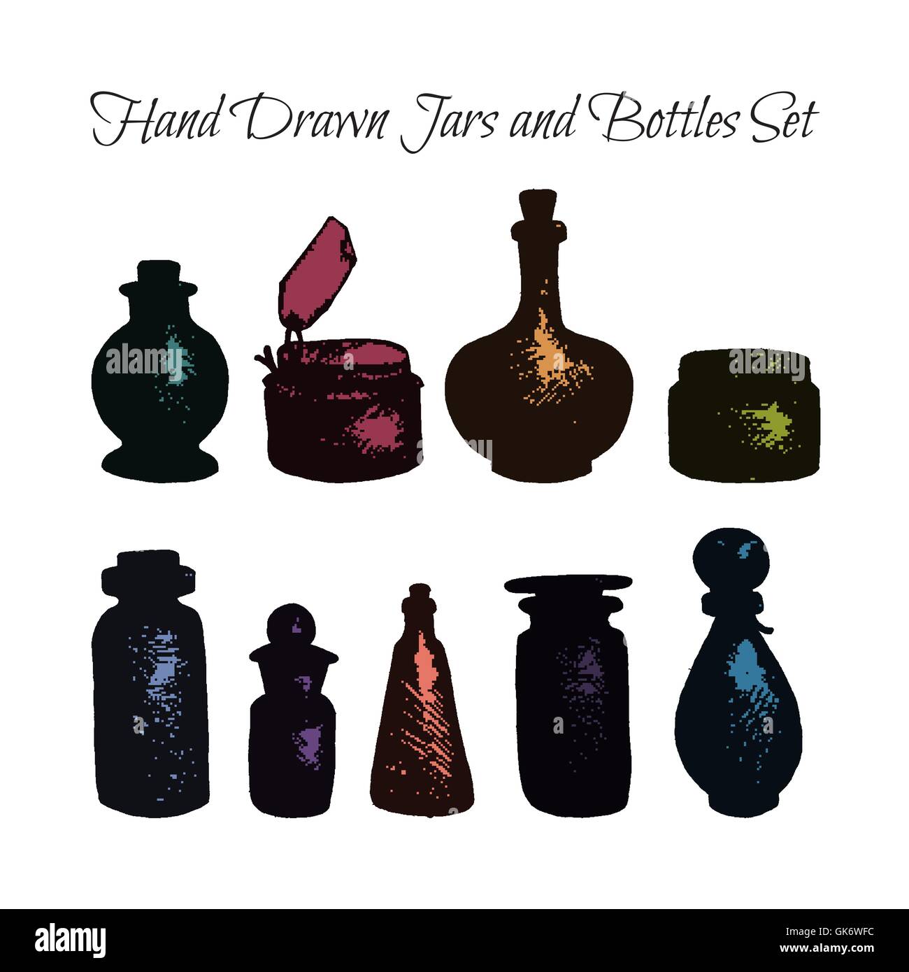 Hand drawn isolated vintage glass jars and bottles set. Containers for