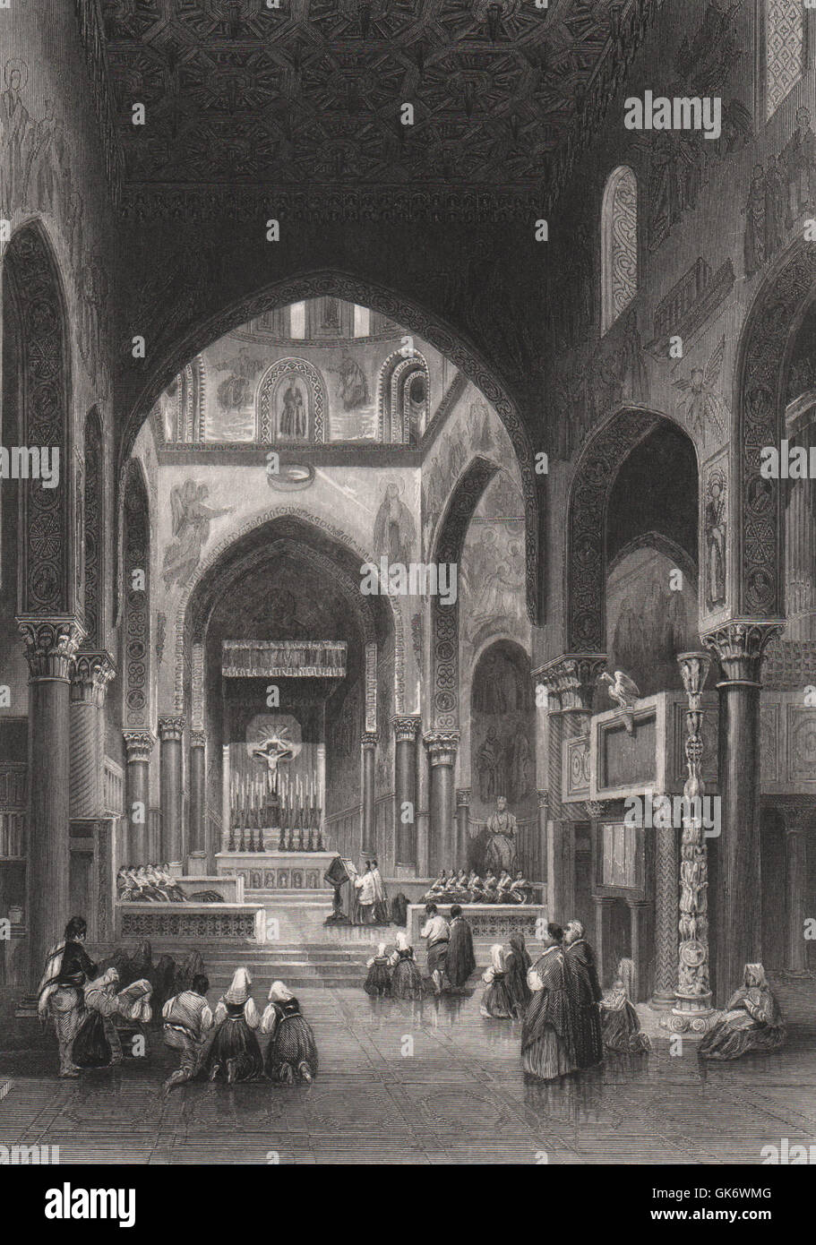 Vespers in the Capella Reale, Palermo, Italy, antique print 1840 Stock Photo