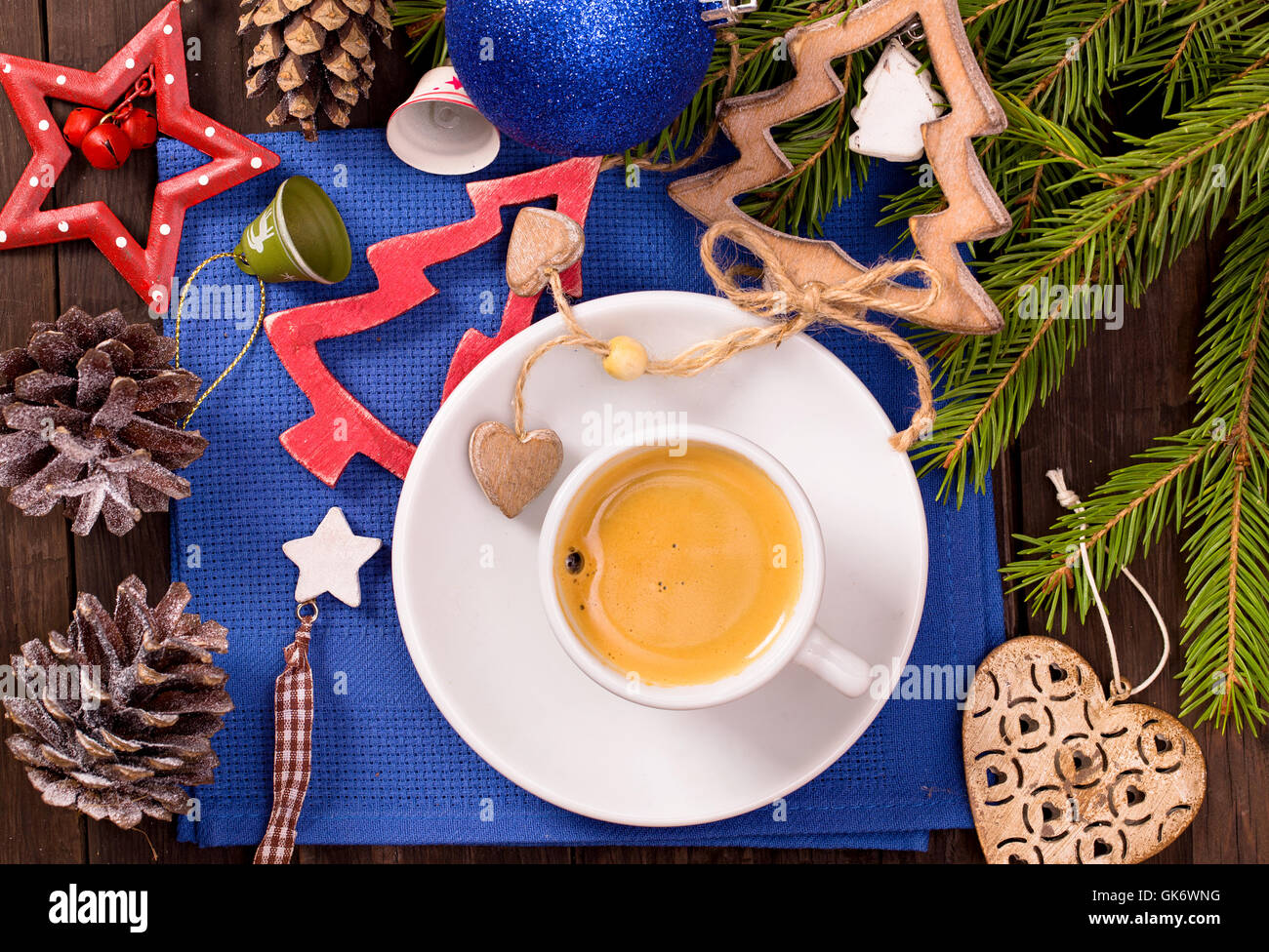 Coffee cup and Christmas decorations top view Stock Photo - Alamy
