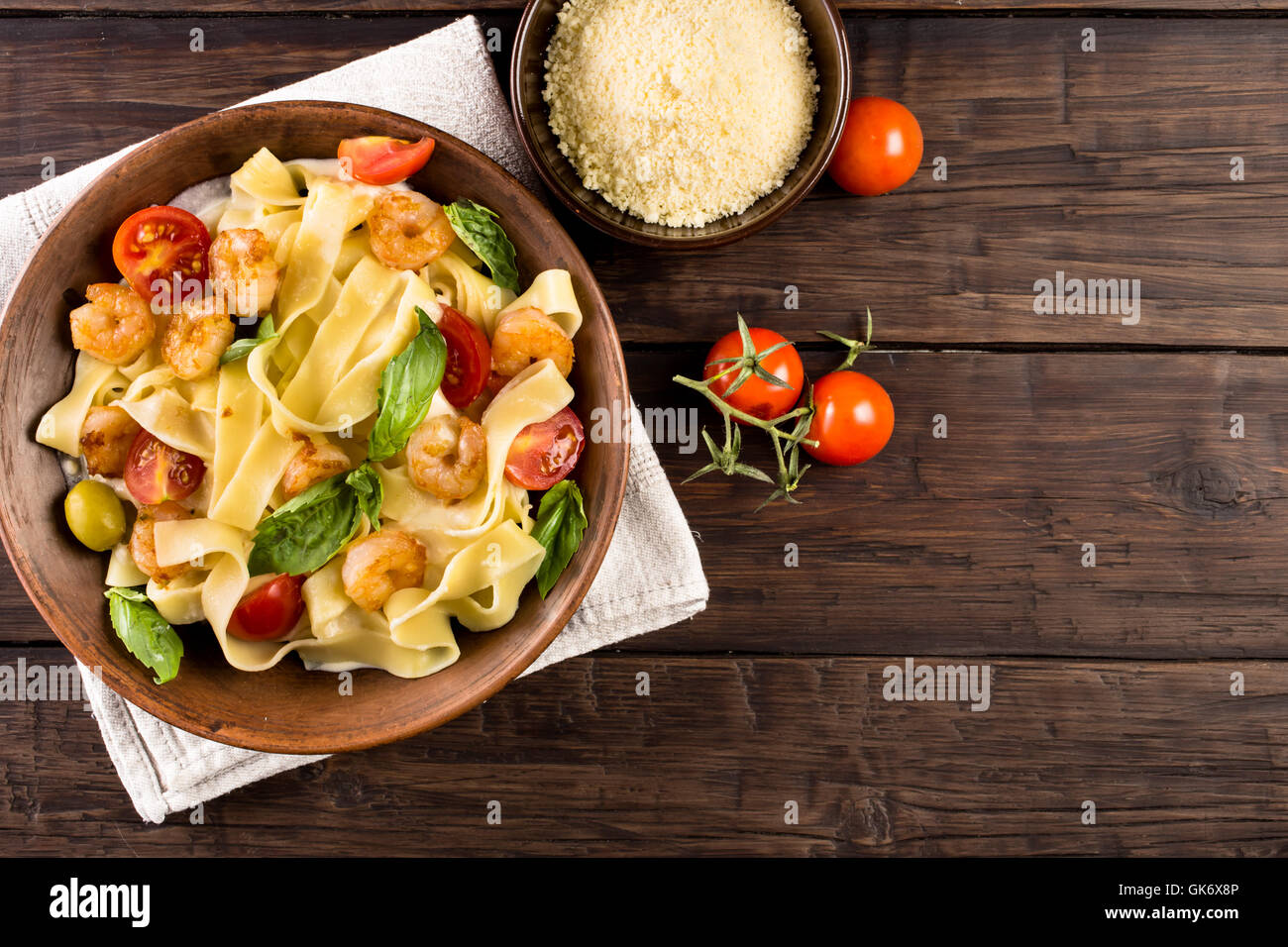 Fettuccine pasta with shrimp top view Stock Photo Alamy