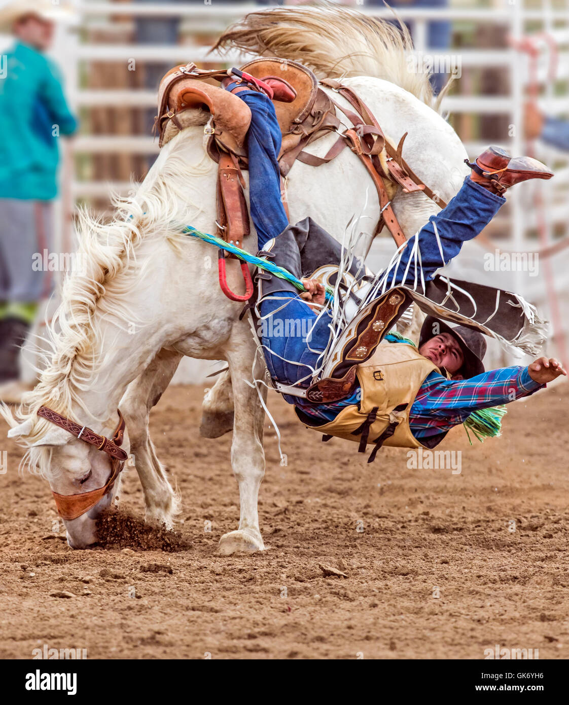 Rodeo cowboy riding a bucking horse, saddle bronc competition, Chaffee