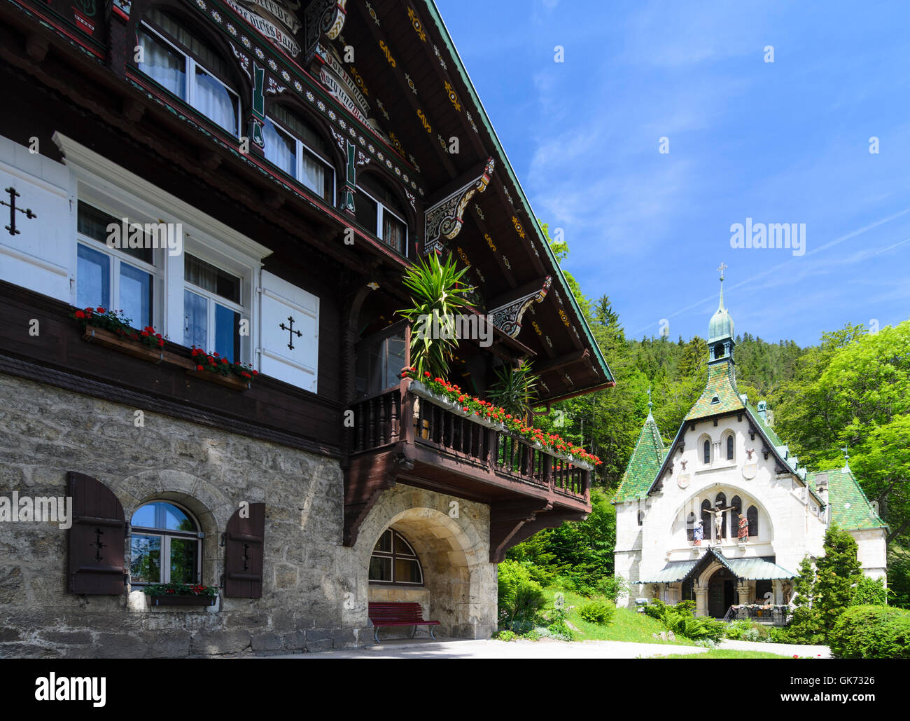 Semmering: Vicarage (left) and church of the Holy Family, Austria, Niederösterreich, Lower Austria, Wiener Alpen, Alps Stock Photo