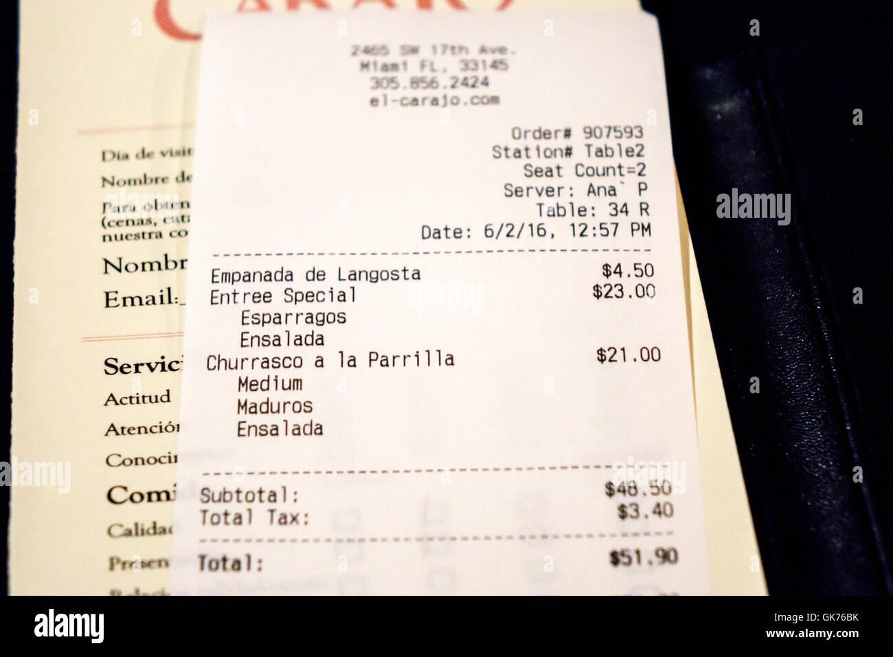 Miami Florida,El Carajo tapas wine bar restaurant itemized bill check,Spanish English language bilingual price subtotal total tax Entee special, Stock Photo