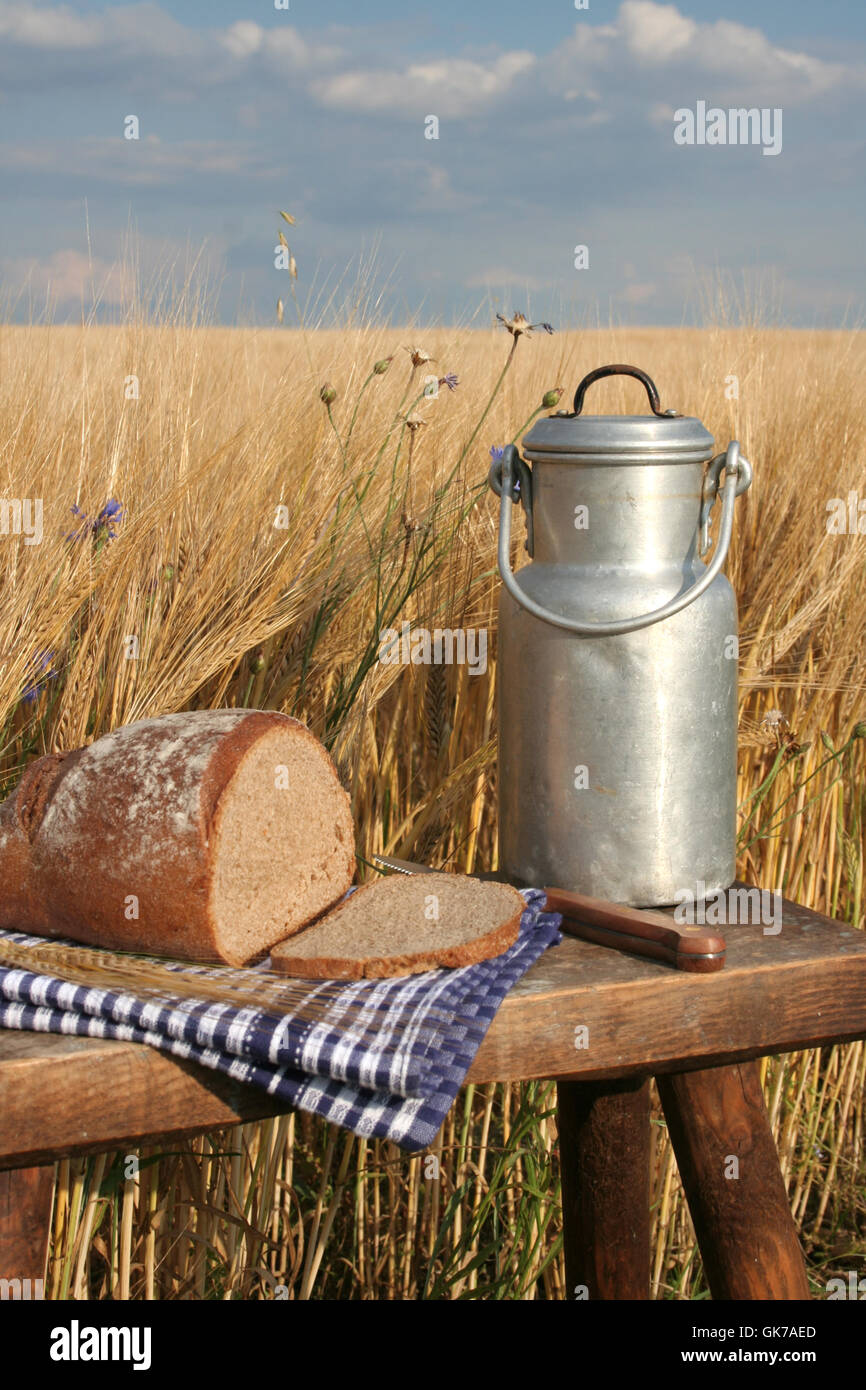 picnic on the sidelines with bread and milk Stock Photo