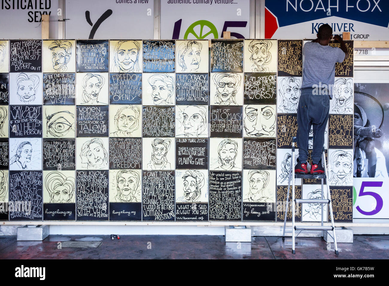 Miami Beach Florida,Peace Mural Foundation,Huong,artist,mural,political,Hillary Clinton,presidential candidate,campaign,caricature,Black Blacks Africa Stock Photo