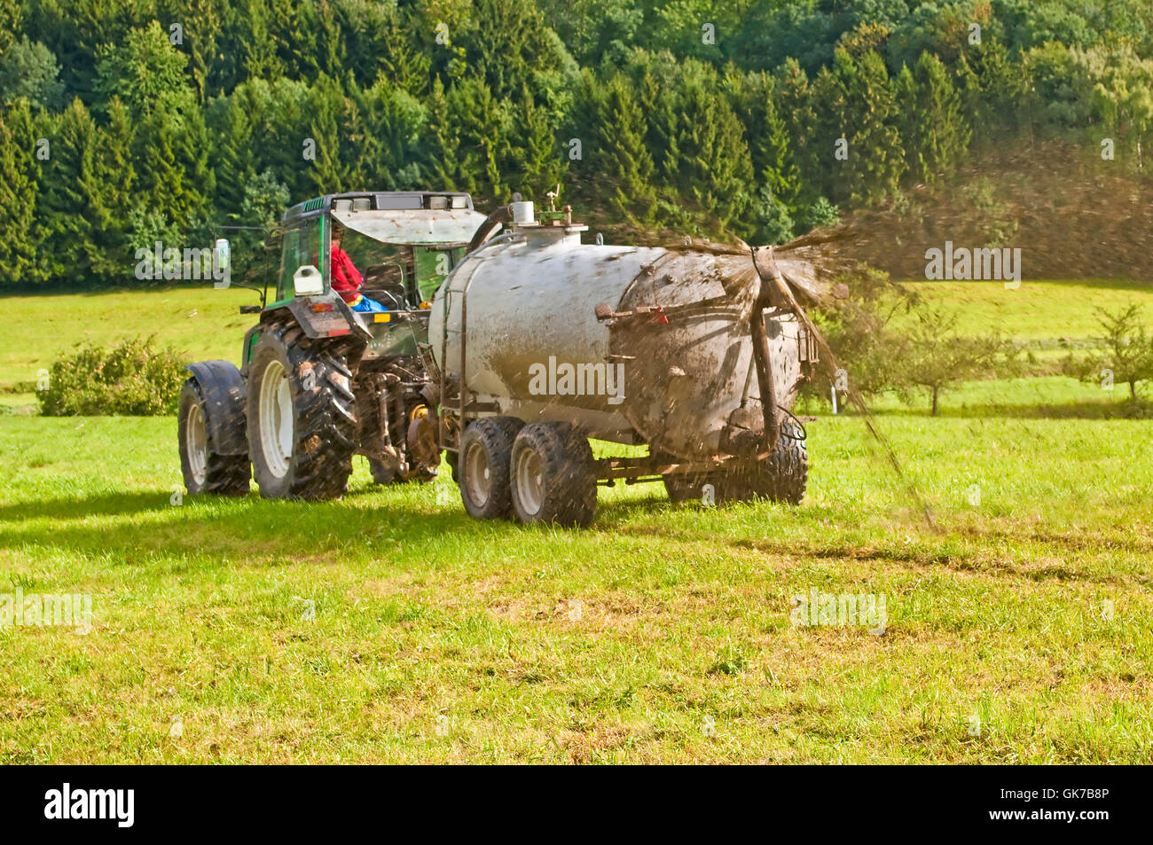 tractor moves manure Stock Photo