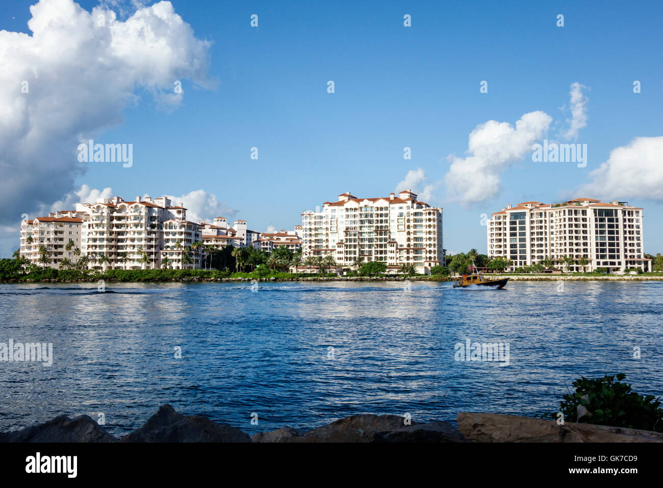 Miami Beach Florida,South Beach,Fisher Island,Government Cut,shipping channel,millionaires enclave,condominium residences,high-rise,high-rise,building Stock Photo
