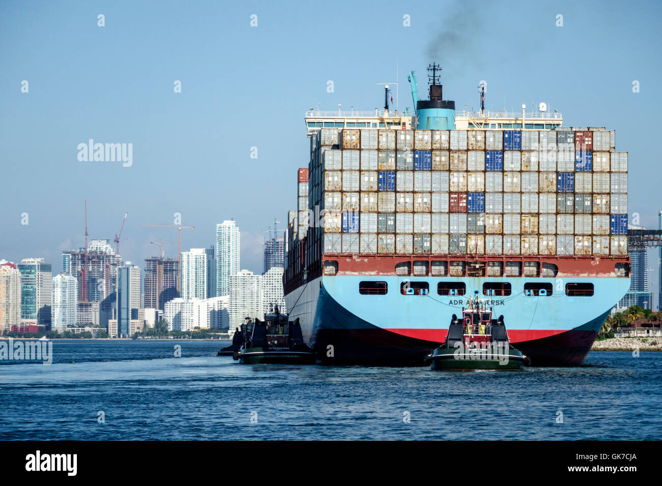 Miami Florida,Biscayne Bay,Port of Miami,Government Cut,shipping channel,water,container ship,cargo,Maersk Line,transportation,view from South Pointe Stock Photo