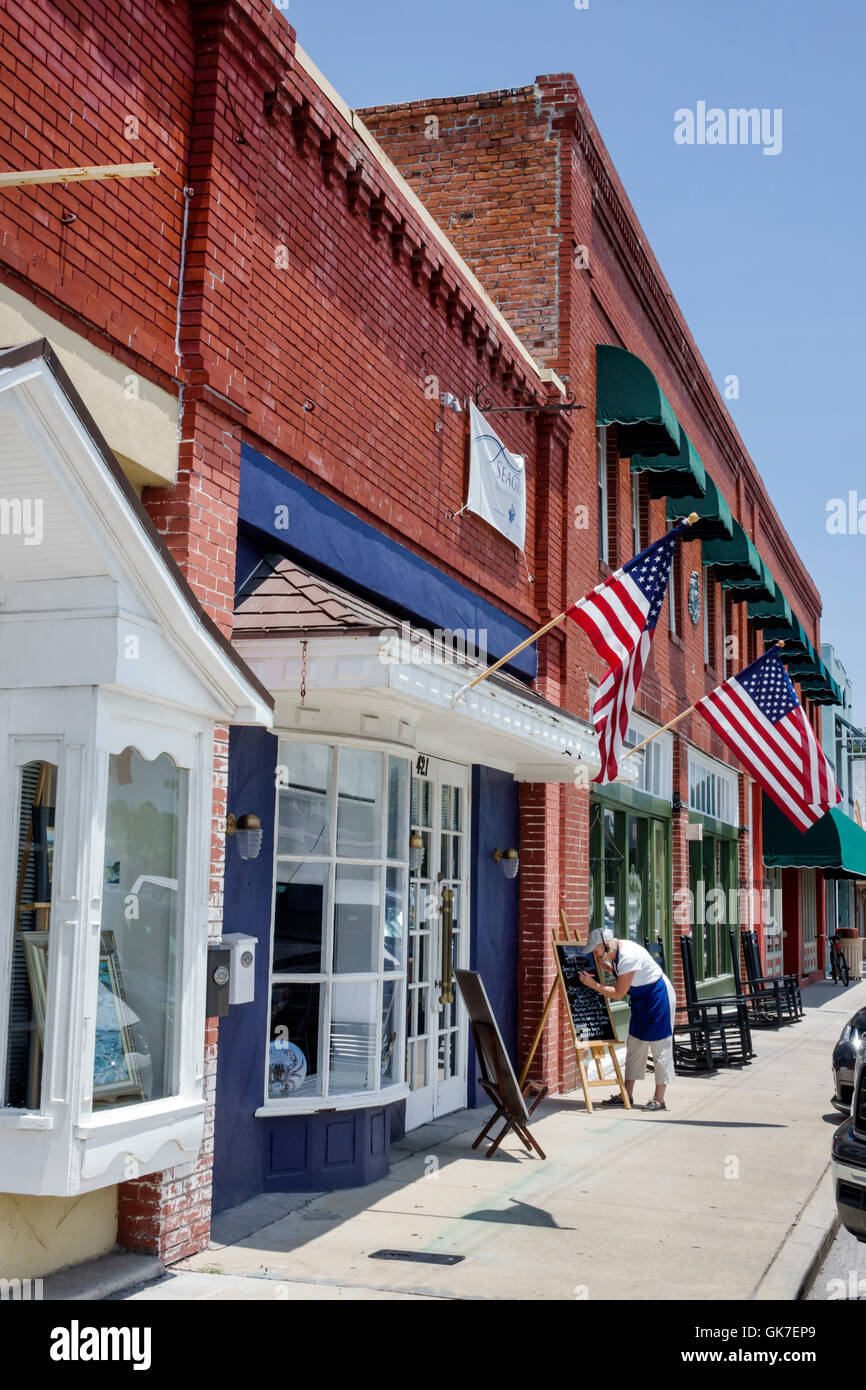 Florida Manatee County,Palmetto,Palmetto Historic District,downtown,building,store,storefront,American flag,brick,restaurant restaurants food dining c Stock Photo