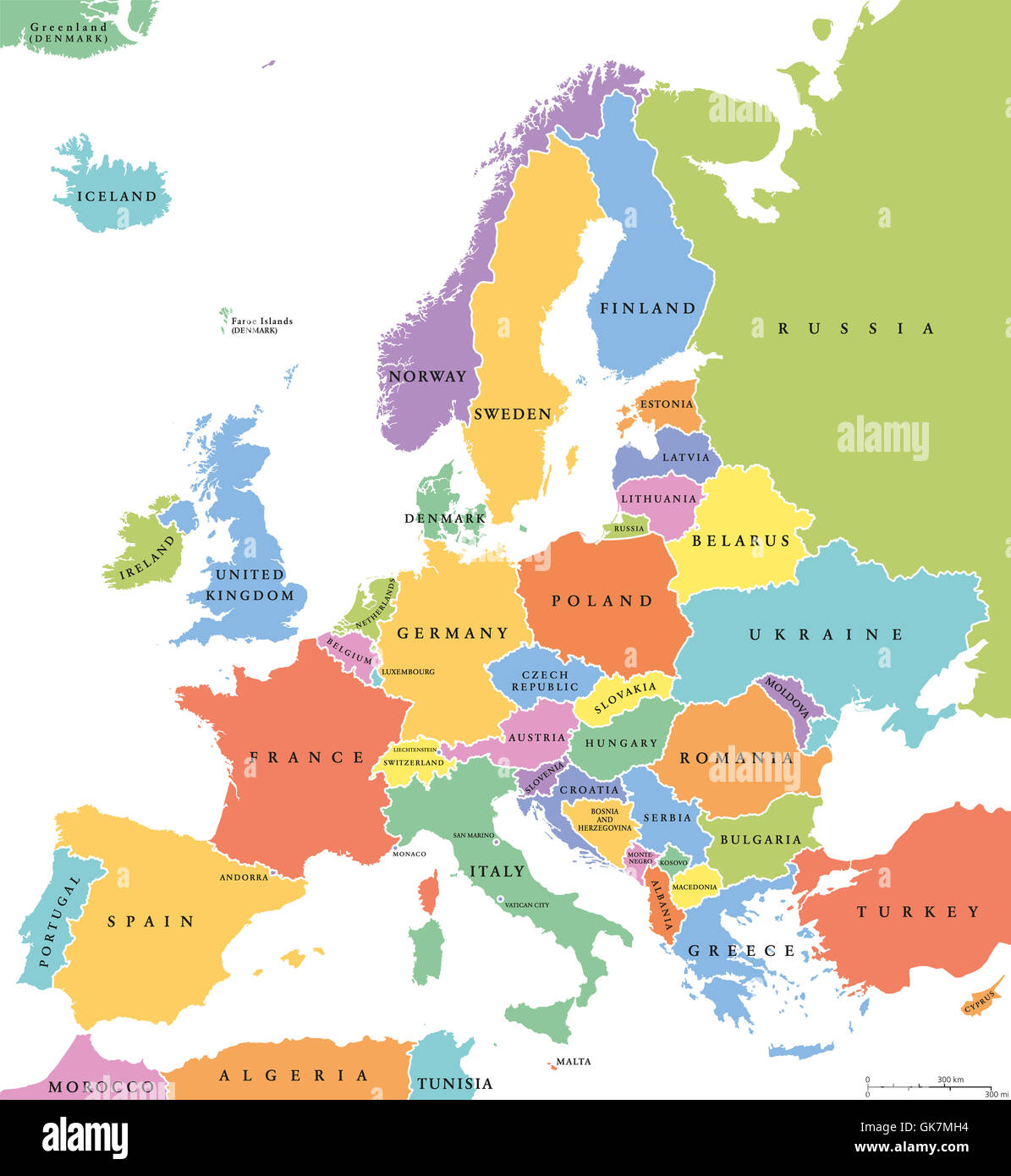Europe single states political map. All countries in different colors, with national borders and country names. English labeling Stock Photo