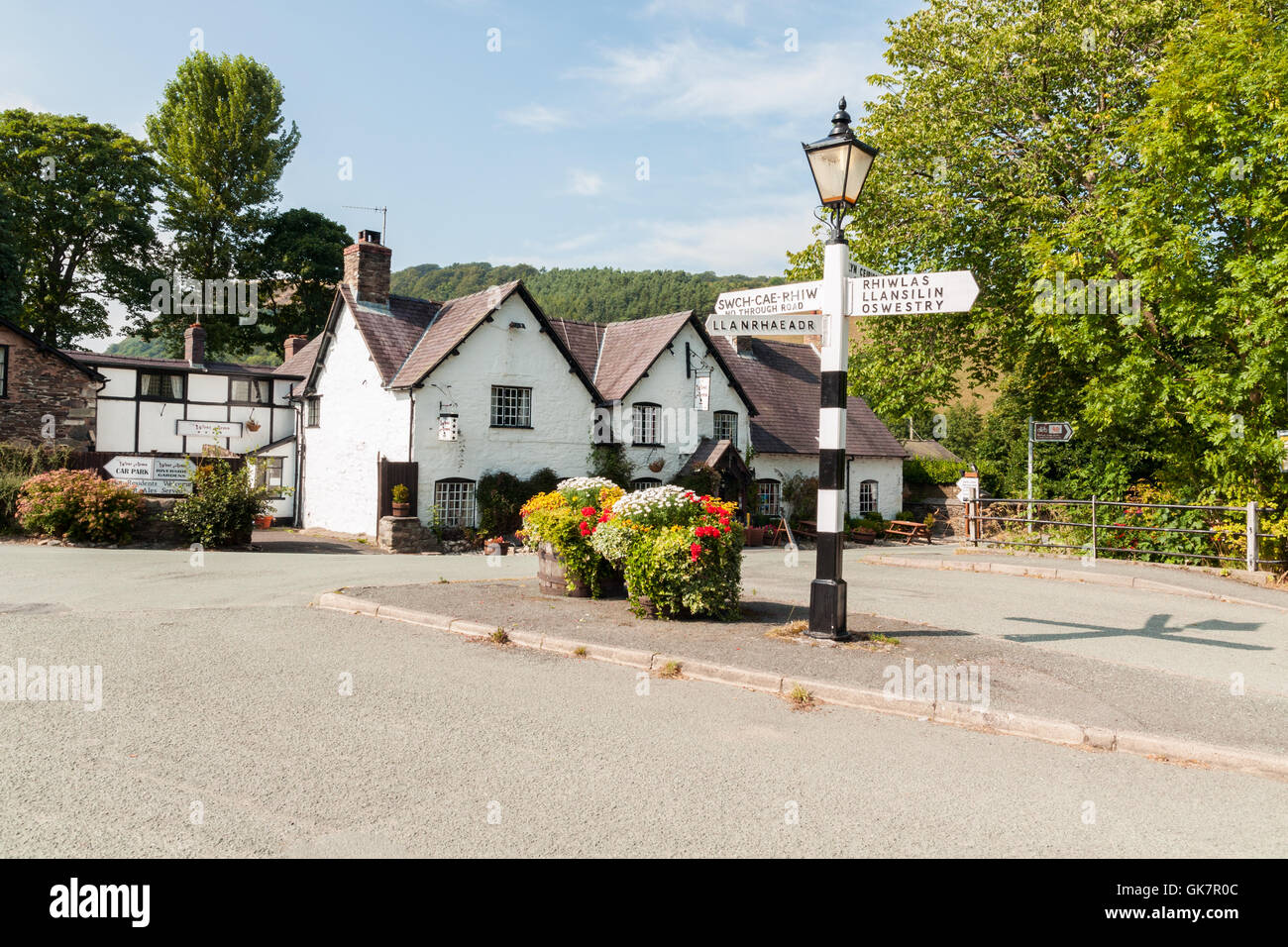 The village crossroads and The West Arms in Llanarmon Dyffryn Ceiriog North East Wales Stock Photo