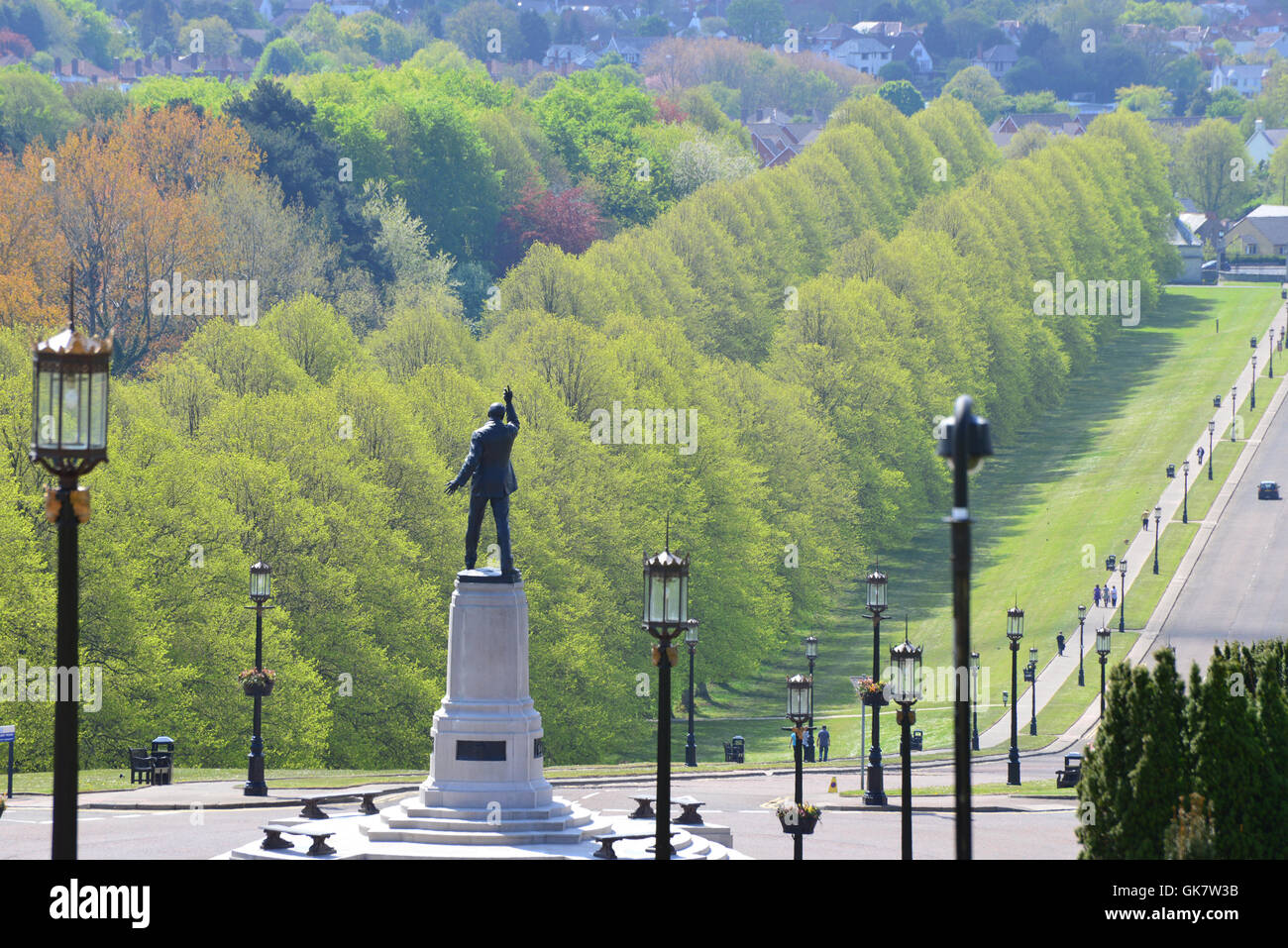 Looking downhill at Storming with the statue of Lord Carson, Belfast Stock Photo