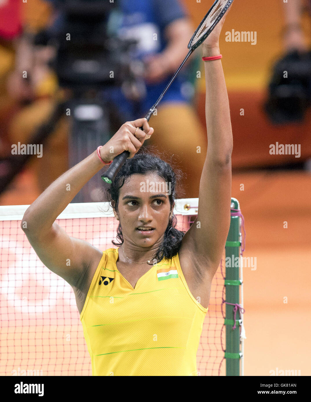 Rio de Janeiro, Brazil. 18th Aug, 2016. Sindhu Pusarla (IND) Badminton : Sindhu  Pusarla of India celebrates after winning the Rio 2016 Olympic Games  Badminton Women's Singles Semi-final match at Riocentro Pavilion