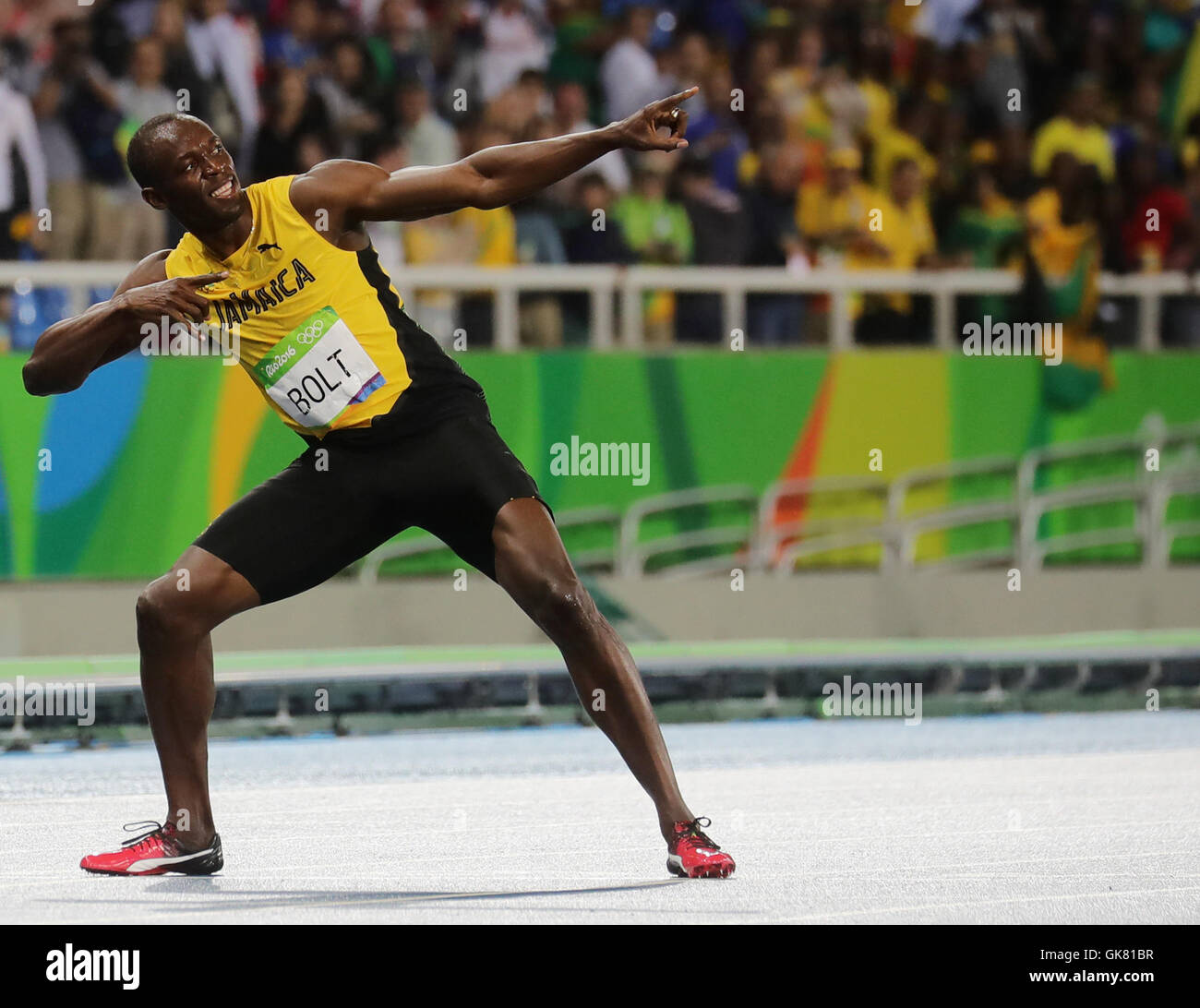 Rio de Janeiro, Brazil. 18th Aug, 2016. Usain Bolt of Jamaica reacts after winning the Men's 200m Final of the Olympic Games 2016 Athletic, Track and Field events at Olympic Stadium during the Rio 2016 Olympic Games in Rio de Janeiro, Brazil, 18 August 2016. Photo: Michael Kappeler/dpa/Alamy Live News Stock Photo