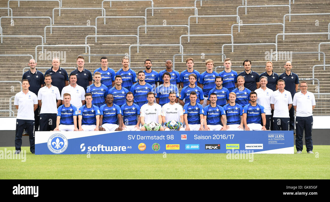 German Bundesliga - Season 2016/17 - Photocall SV Darmstadt 98 on 11 August 2016 in Darmstadt, Germany: Back row (l-r): Physiotherapist Dirk Schmitt, advisor Utz Pfeiffer, physiotherapist Thomas Stubner, Artem Fedetsky, Immanuel Hoehn, Aytac Sulu, Junior Diaz, Sandro Sirigu, Florian Jungwirth, Daniel Thur, physiotherapist Sebastian Gilles, team doctor Klaus Poettgen, team doctor Thomas Saltzer. Second row (l-r): Teammanager Michael Stegmayer, athletic coach Kai Peter Schmitz, goalkeeping coach Dimo Wache, Felix Platte, Antonio Colak, Benjamin Gorka, Dominik Stroh-Engel, Peter Niemeyer, Mario Stock Photo