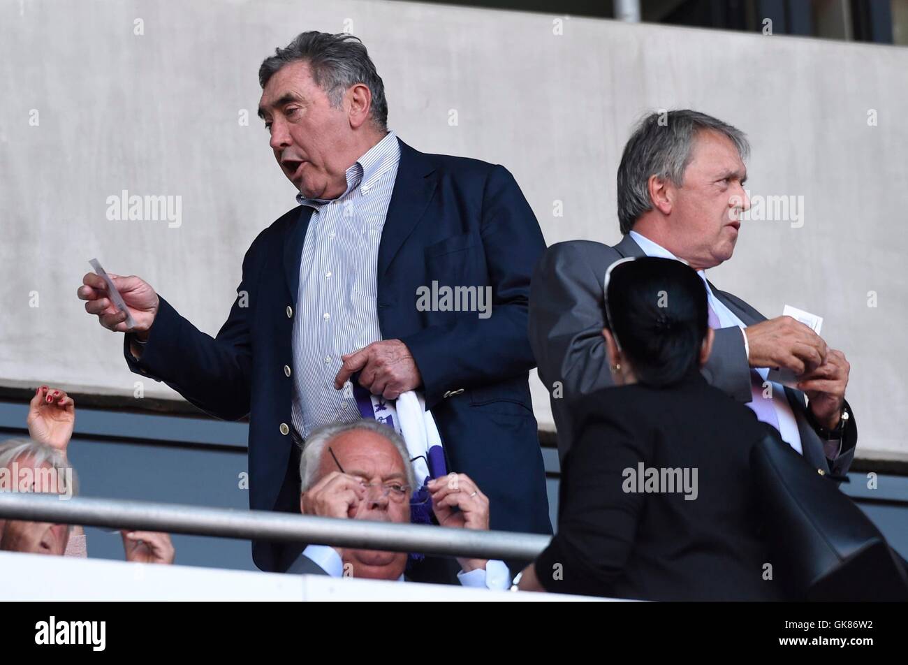 Prague, Czech Republic. 18th Aug, 2016. UEFA Europa League football. Slavia Prague versus Anderlecht. Eddy Merckx and Roger Vanden Stock president of RSC Anderlecht and Herman Van Holsbeeck general manager of RSC Anderlecht © Action Plus Sports/Alamy Live News Stock Photo