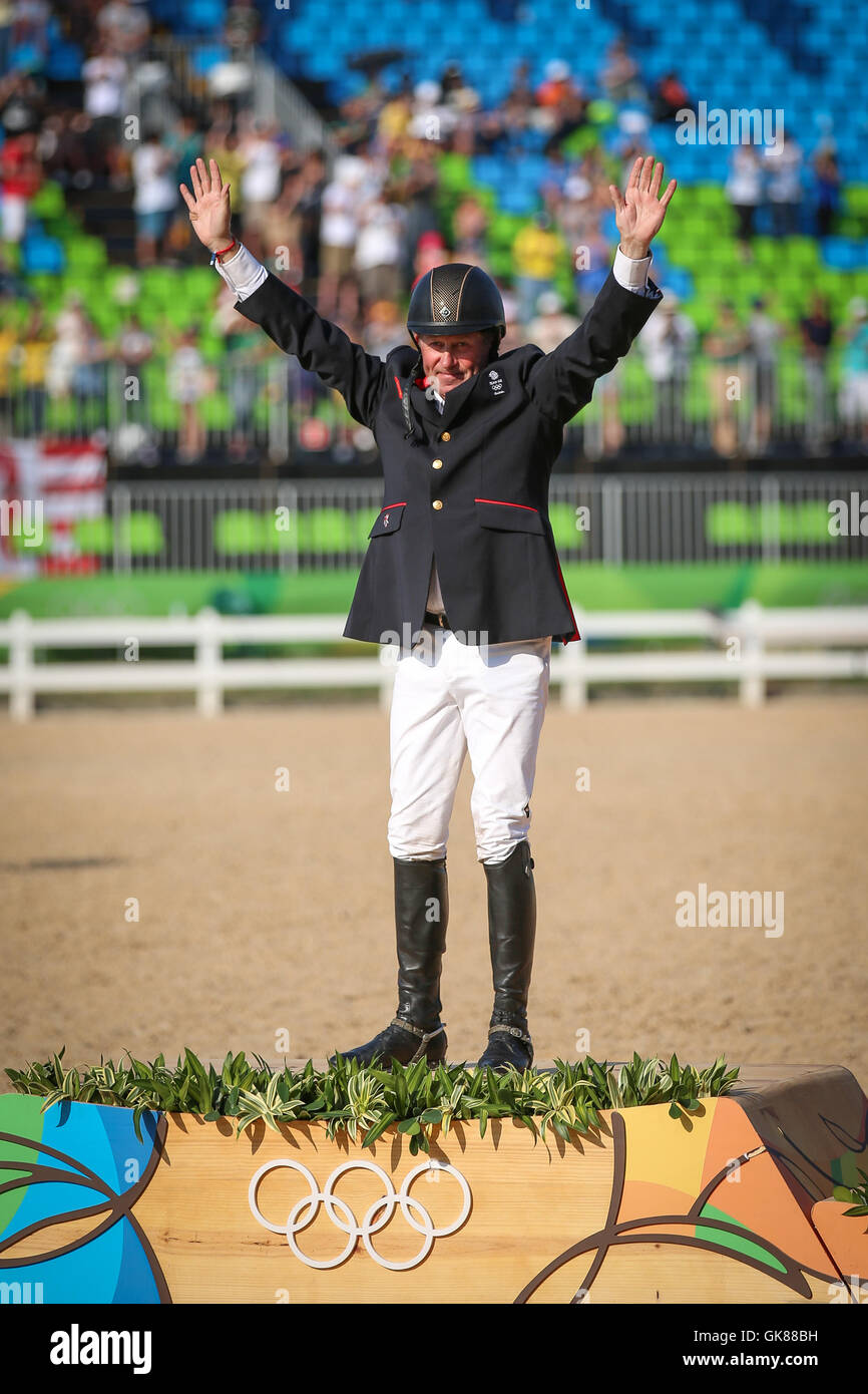 Rio de Janeiro, Brazil. 19th August, Gold: Nick Skelton and Big Star (GBR), Silver: Fredricson and All In (SWE) Bronze: Eric Lamaze and Fine Lady 5 (CAN) during the Equestrian Rio Olympics 2016 held at the Equestrian Olympic Center. (Photo: André Horta/Fotoarena) Credit:  Foto Arena LTDA/Alamy Live News Stock Photo