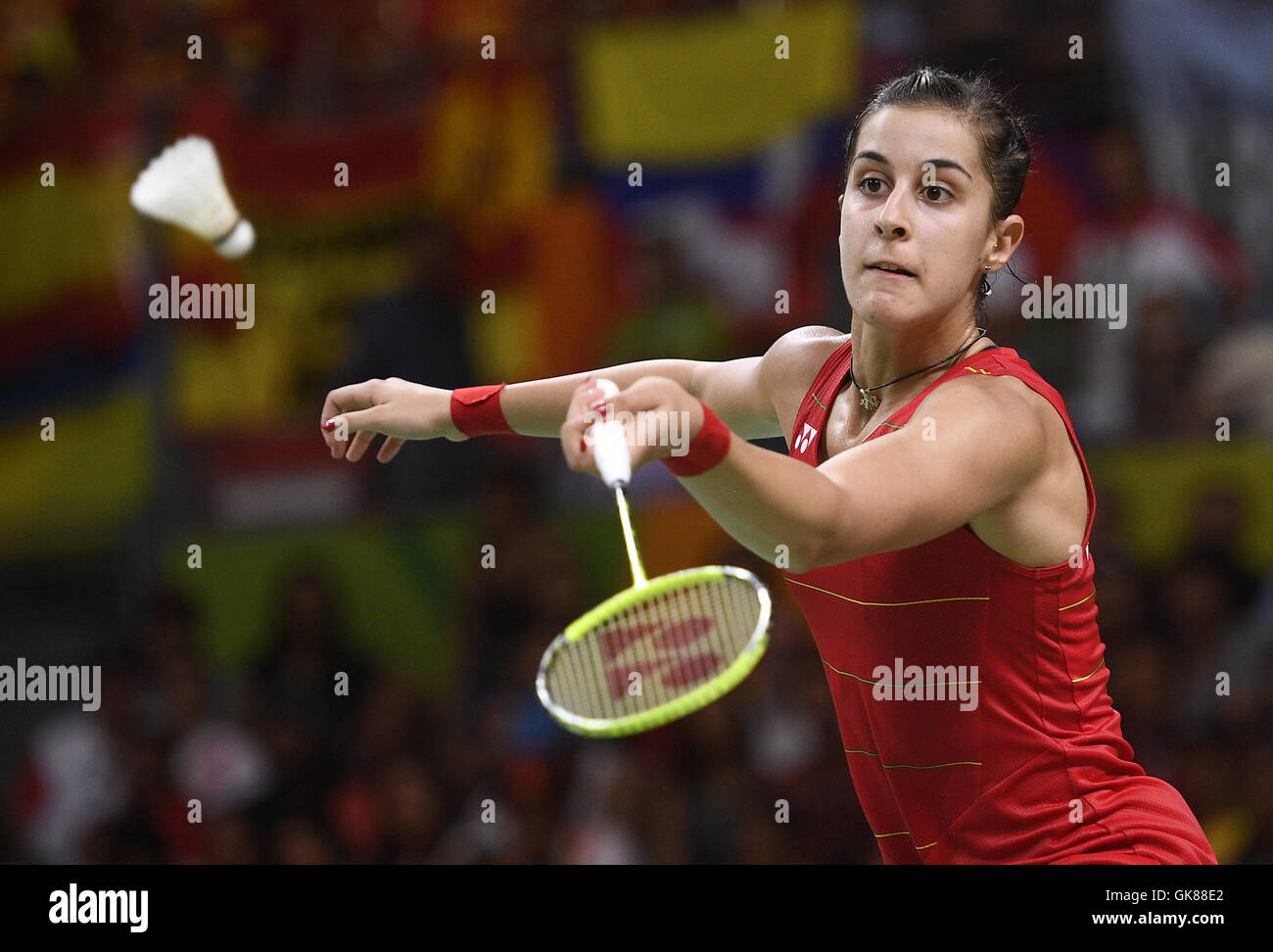 Rio De Janeiro, Brazil. 19th Aug, 2016. Spain's Carolina Marin competes during the women's singles badminton gold medal match against India's Pusarla V. Sindhu at the 2016 Rio Olympic Games in Rio de Janeiro, Brazil, on Aug. 19, 2016. Carolina Marin won the gold medal. Credit:  Wang Peng/Xinhua/Alamy Live News Stock Photo