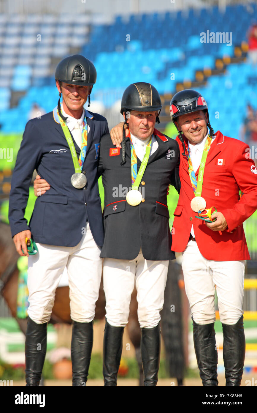 Rio de Janeiro, Brazil. 19th August, 2016. Nick Skelton and 'Big Star' Olympic Equestrian Show Jumping Gold Medal Winner Rio de Janeiro, Brazil Also Peder Fredricson of Sweden, Silver Medal Winner and Eric Lamaze of Canada, Bronze Medal Winner Stock Photo