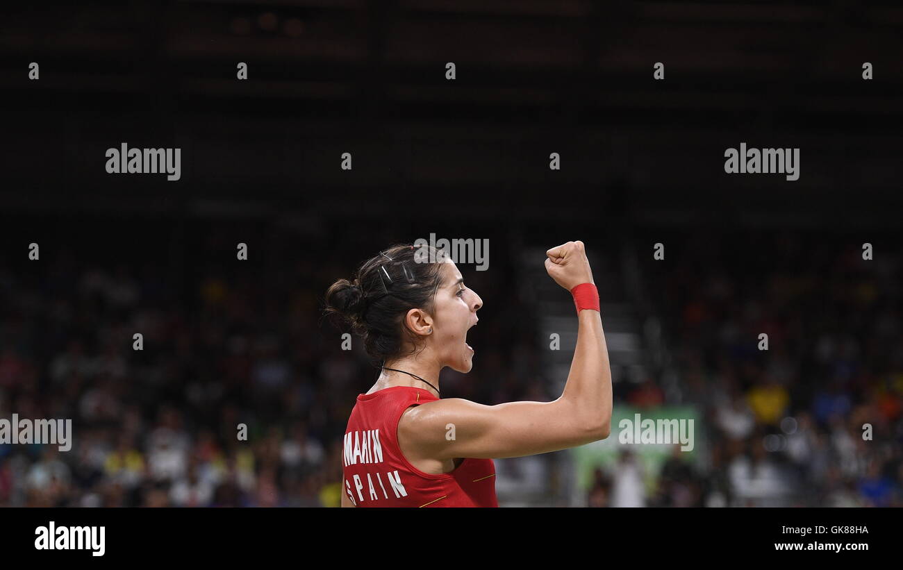 Rio De Janeiro, Brazil. 19th Aug, 2016. Spain's Carolina Marin celebrates during the women's singles badminton gold medal match against India's Pusarla V. Sindhu at the 2016 Rio Olympic Games in Rio de Janeiro, Brazil, on Aug. 19, 2016. Carolina Marin won the gold medal. Credit:  Wang Peng/Xinhua/Alamy Live News Stock Photo