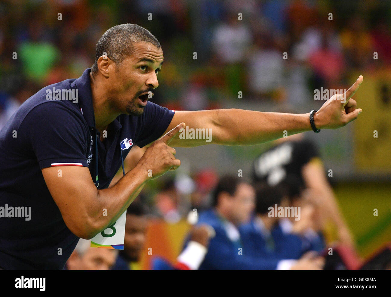 Rio de Janeiro, Brazil. 19th Aug, 2016. Coach Claude Onesta of France gestures during the Men's Semifinal match between France and Germany of the Handball events during the Rio 2016 Olympic Games in Rio de Janeiro, Brazil, 19 August 2016. Photo: Lukas Schulze /dpa/Alamy Live News Stock Photo