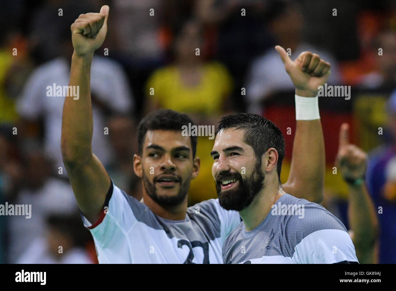 Rio de Janeiro, Brazil. 19th August, 2016. OLYMPICS 2016 HANDBALL - Nikola Karabatic (FRA) and Adrien Dipanda (FRA) in the match France vs Germany Handball during the Rio 2016 Olympics held in the arena of the future. NOT AVAILABLE FOR LICENSING IN CHINA (Photo: Celso Pupo/Fotoarena) Credit:  Foto Arena LTDA/Alamy Live News Stock Photo