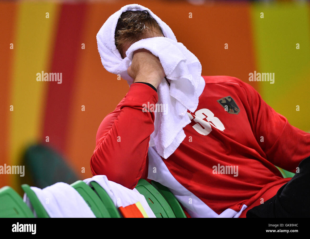 Rio de Janeiro, Brazil. 19th Aug, 2016. Goalkeeper Andreas Wolff of Germany reacts dejected after loosing the Men's Semifinal match between France and Germany of the Handball events during the Rio 2016 Olympic Games in Rio de Janeiro, Brazil, 19 August 2016. Photo: Lukas Schulze /dpa/Alamy Live News Stock Photo