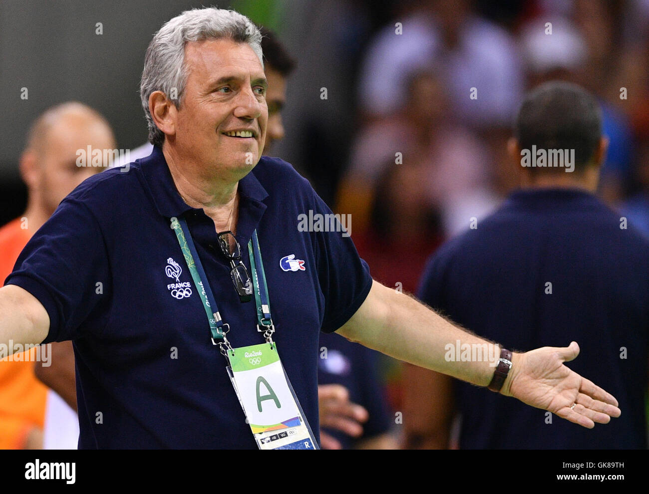 Rio de Janeiro, Brazil. 19th Aug, 2016. Coach Claude Onesta of France reacts during the Men's Semifinal match between France and Germany of the Handball events during the Rio 2016 Olympic Games in Rio de Janeiro, Brazil, 19 August 2016. Photo: Lukas Schulze /dpa/Alamy Live News Stock Photo