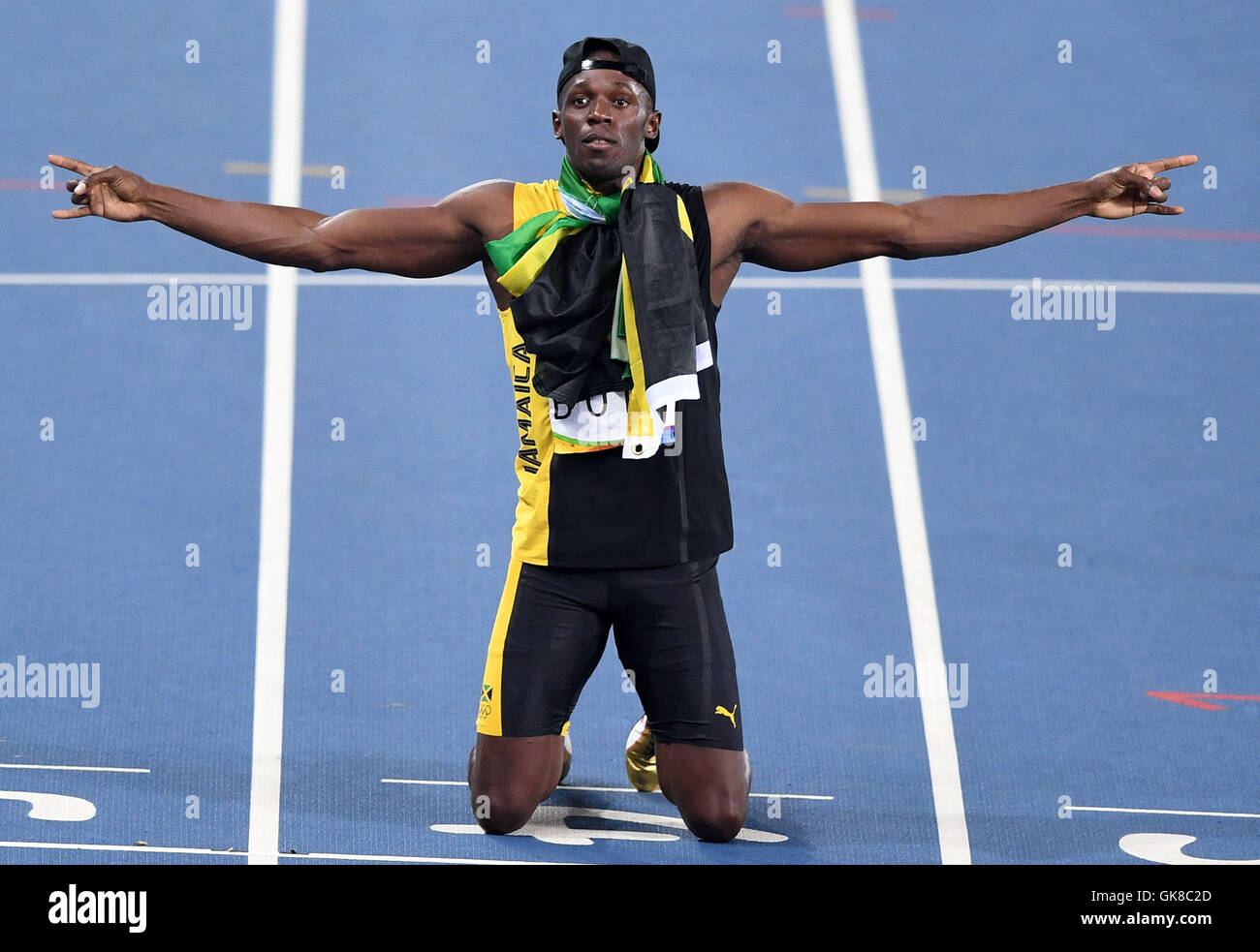 Rio De Janeiro, Brazil. 19th Aug, 2016. Jamaica's Usain Bolt celebrates ...