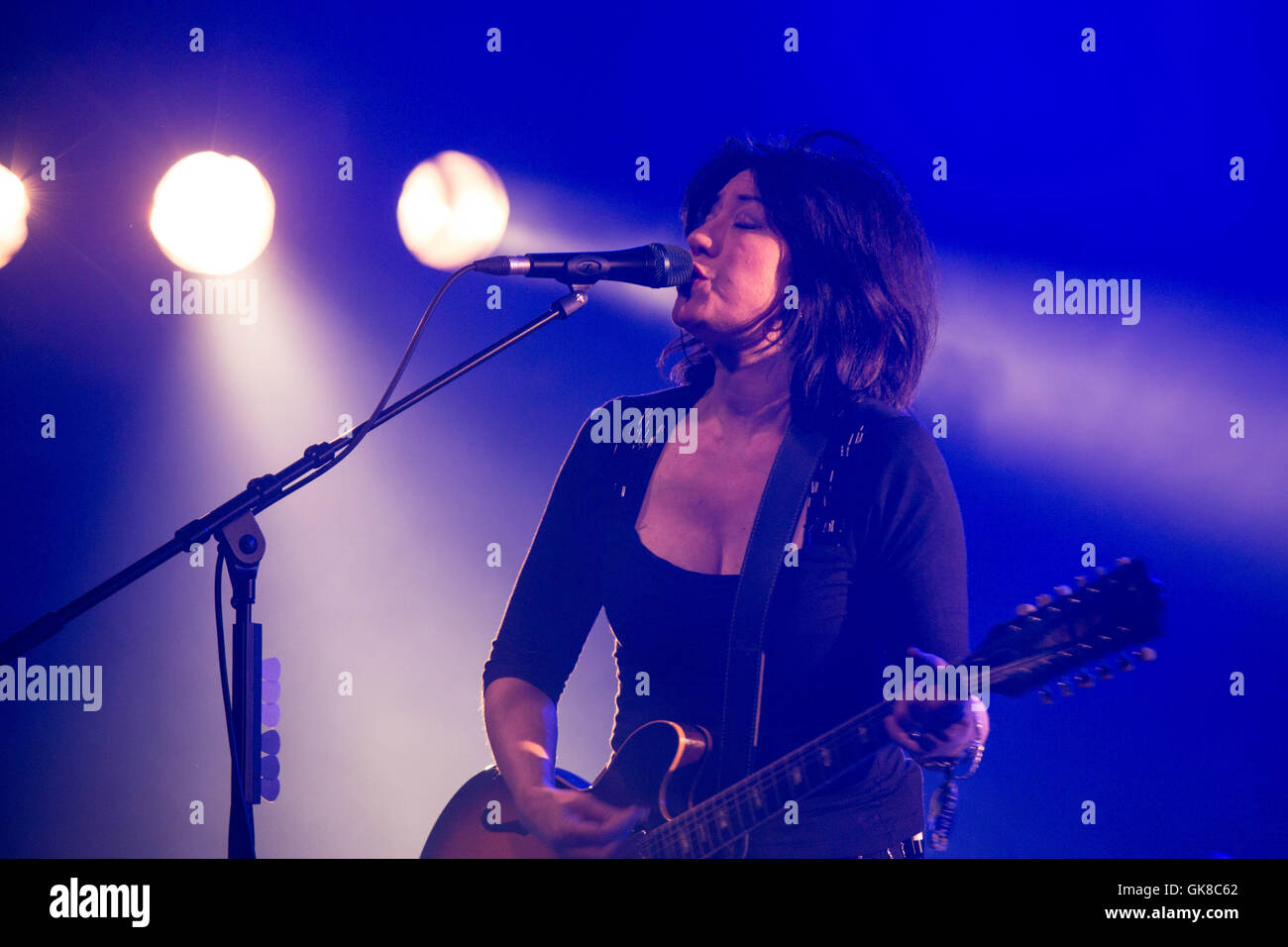 Brecon, Wales, UK. 18th August, 2016. Day One of the Green Man Festival 2016 at the Glanusk Estate in Brecon, Wales. The first day was blessed with mixed weather, torrential rainstorms and bright sunshine. Pictured: Miki Berenyi of 90s Indie legends Lush return to headline the Far Out Stage. Picture Credit: Rob Watkins/Alamy Live News Stock Photo