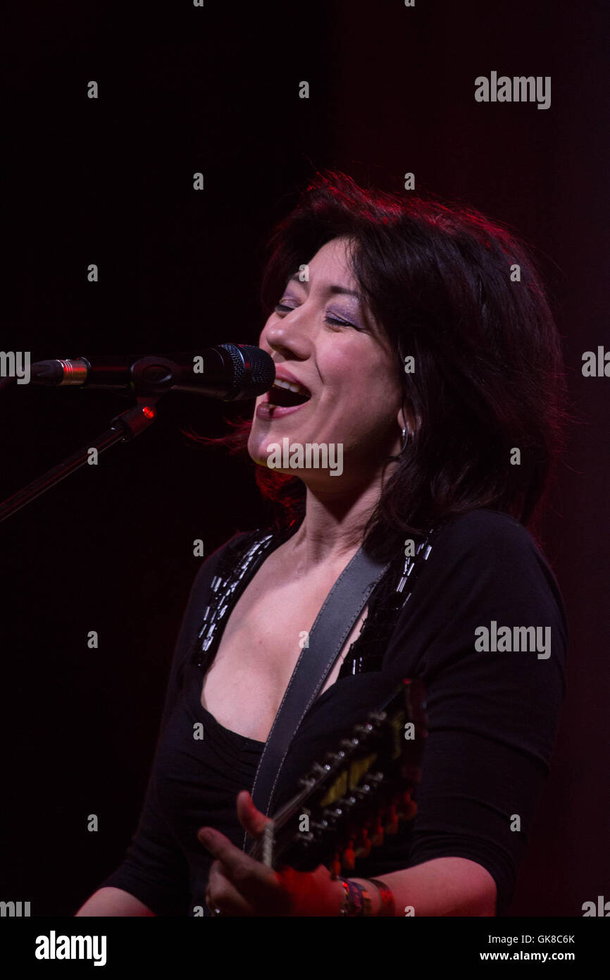 Brecon, Wales, UK. 18th August, 2016. Day One of the Green Man Festival 2016 at the Glanusk Estate in Brecon, Wales. The first day was blessed with mixed weather, torrential rainstorms and bright sunshine. Pictured: Miki Berenyi of 90s Indie legends Lush return to headline the Far Out Stage. Picture Credit: Rob Watkins/Alamy Live News Stock Photo