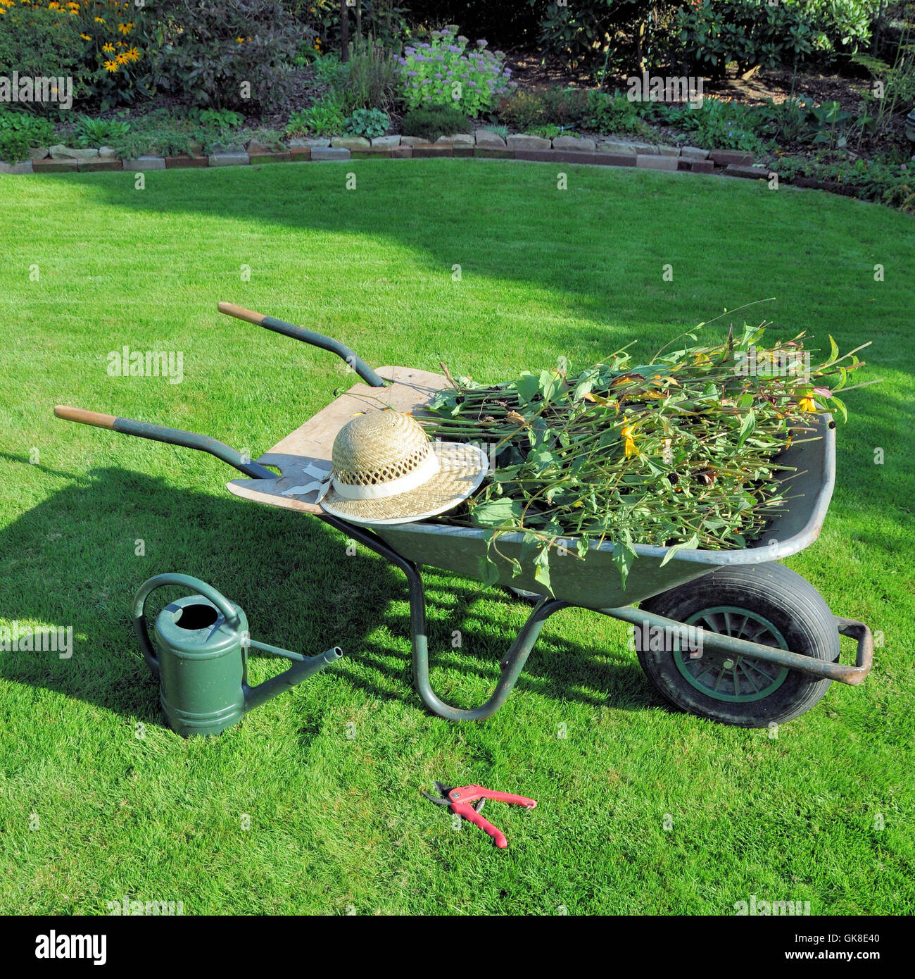 garden cart with green waste Stock Photo