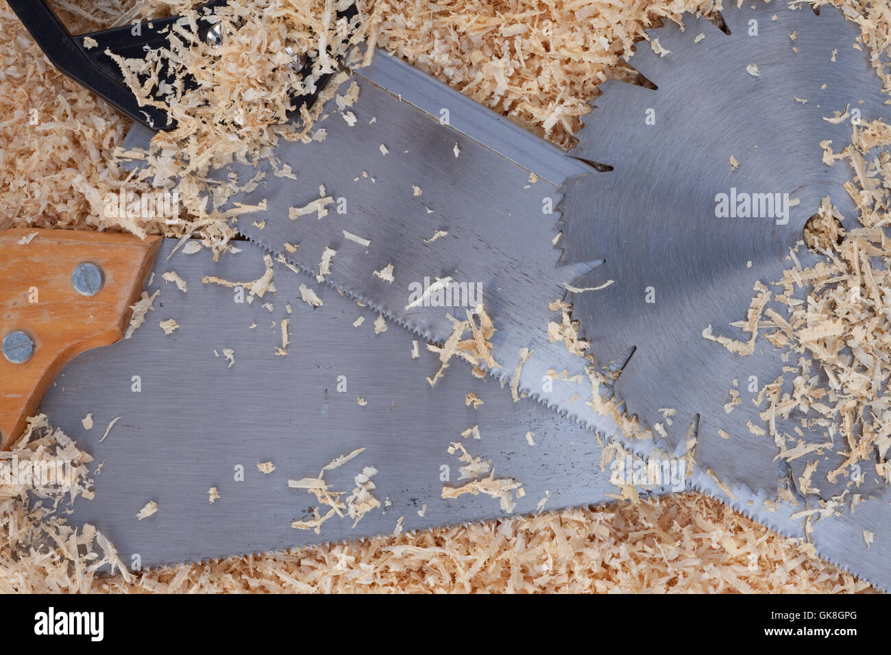 Wood shavings and saw blades Stock Photo Alamy