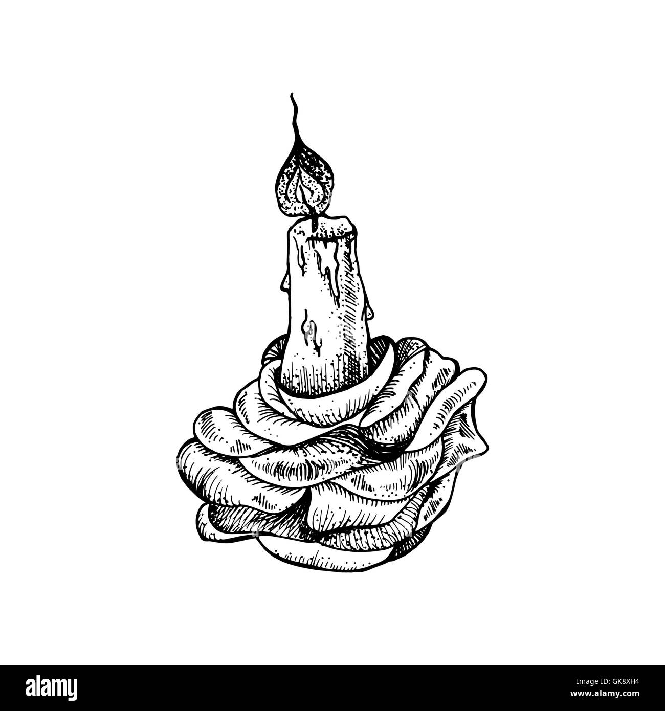 Vintage Hand Drawn Burning Candle in Rose. Romantic Tattoo Design Element  for print, t-shirt, poster, card, greeting, coloring Stock Vector Image &  Art - Alamy