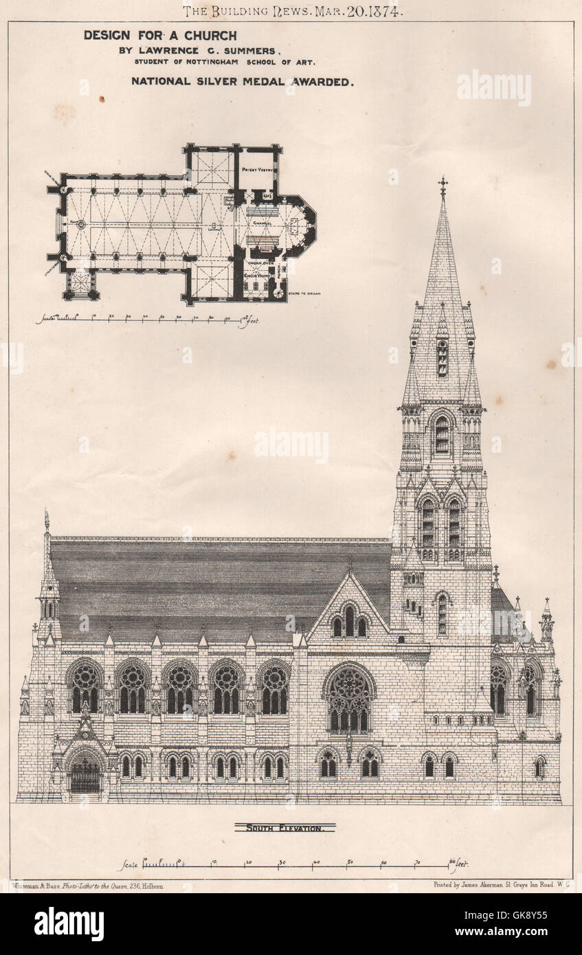 Church design by Lawrence C. Summers, Nottingham School of Art, old print 1874 Stock Photo