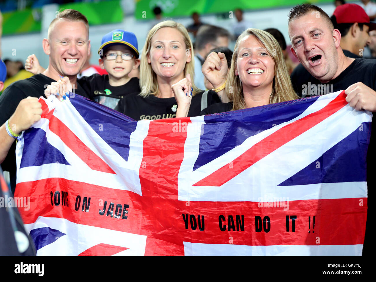 Jade Jones's family including mother and step father celebrate her victory in the women's 57kg Taekwondo final on the thirteenth day of the Rio Olympics Games, Brazil. Stock Photo