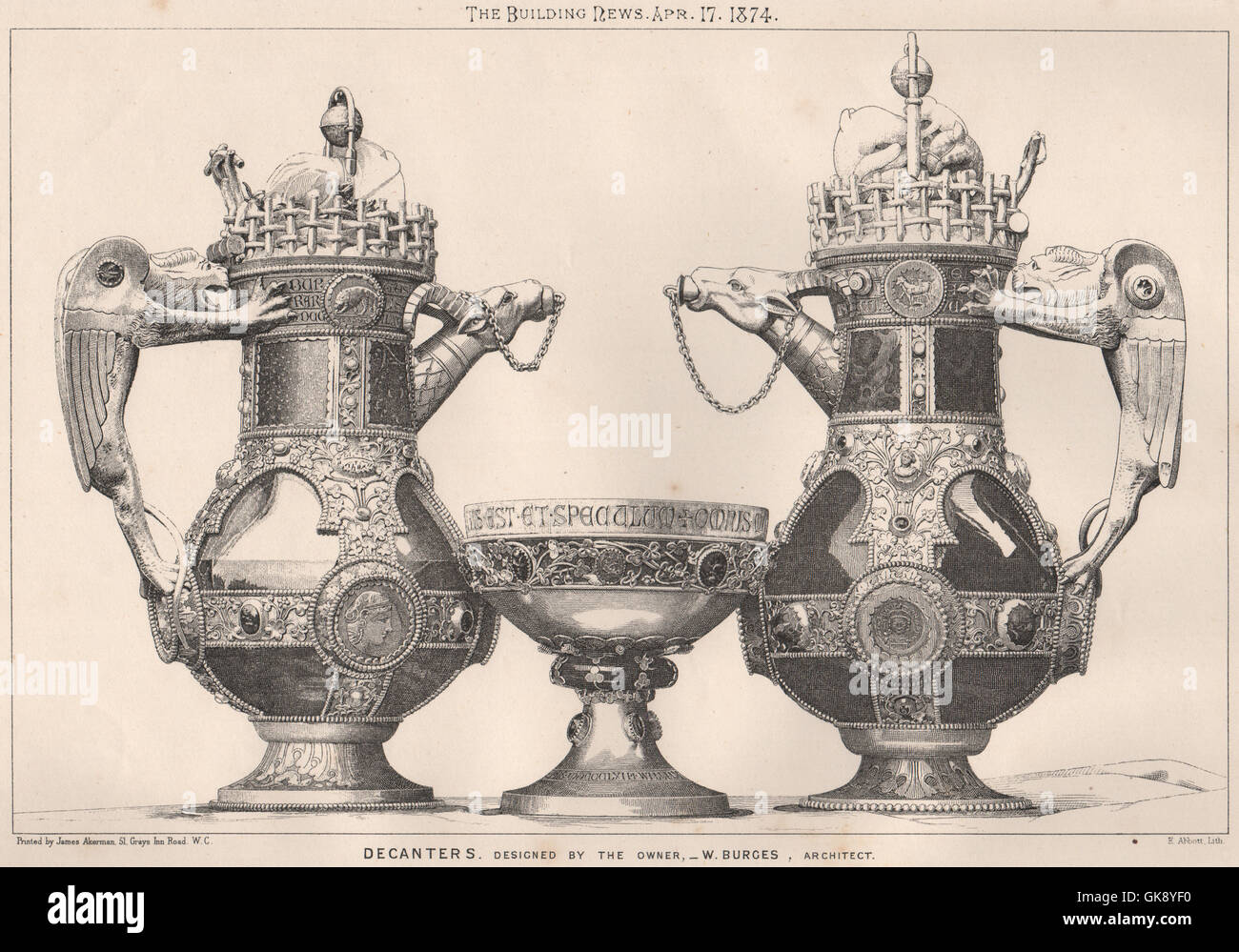 Decanters, designed by the owner - W. Burges, Architect. Design, print 1874 Stock Photo