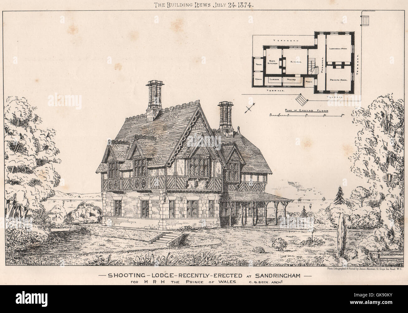 Shooting lodge, Sandringham; CS Beck Architect. Norfolk, antique print 1874 Stock Photo