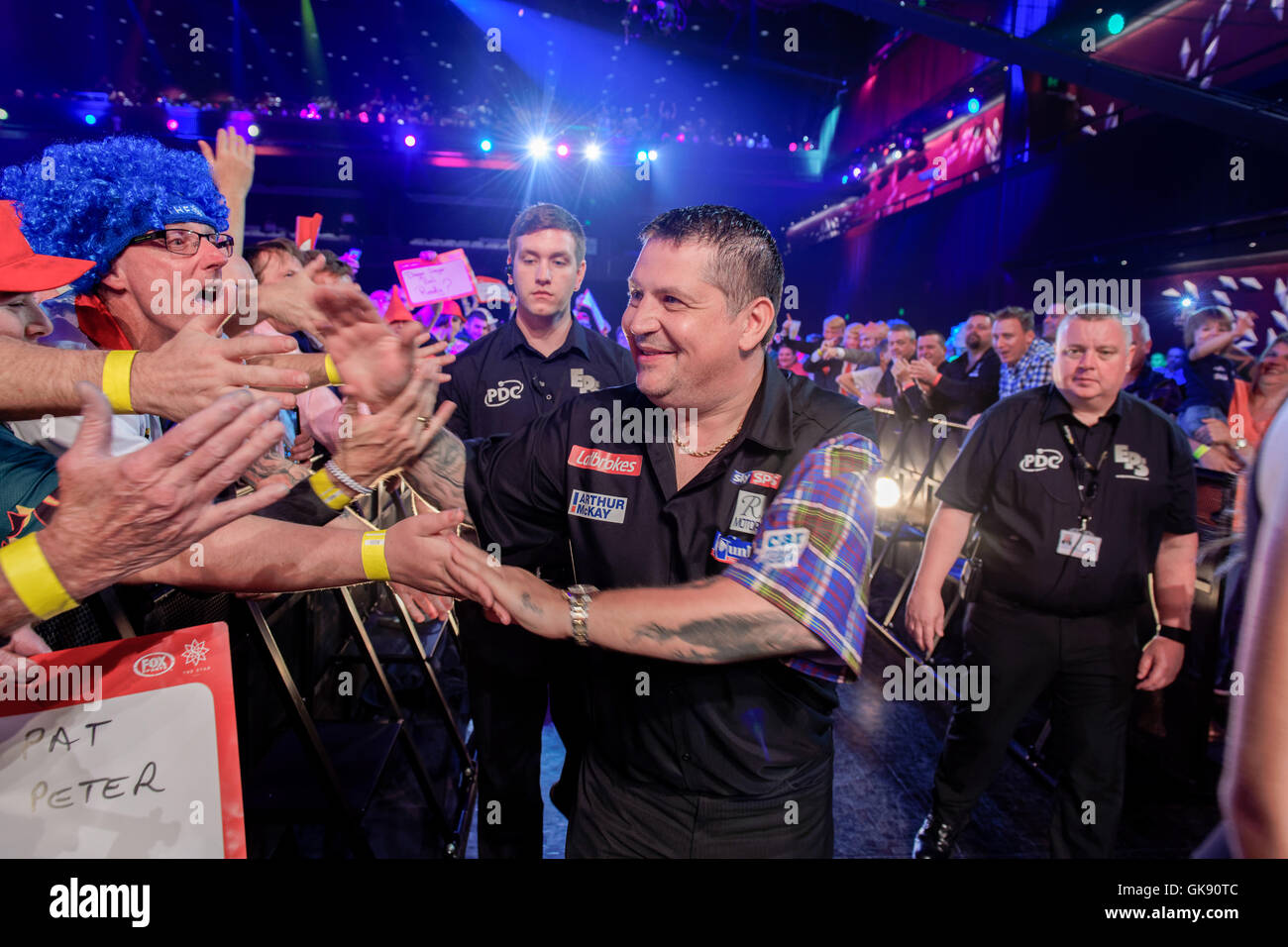 Sydney, Australia. 18th Aug, 2016. Current World Champion Gary Anderson  (SCO) walks-on to the stage for his match against David Platt (AUS) 6-3 at  The Star Event Centre. Gary Anderson won his