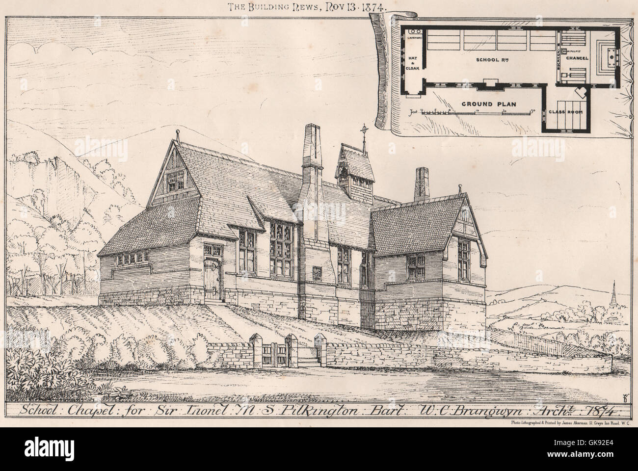 St Mary's Langsett School & Church for Sir Lionel Pilkington; W.C. Brangwyn 1874 Stock Photo