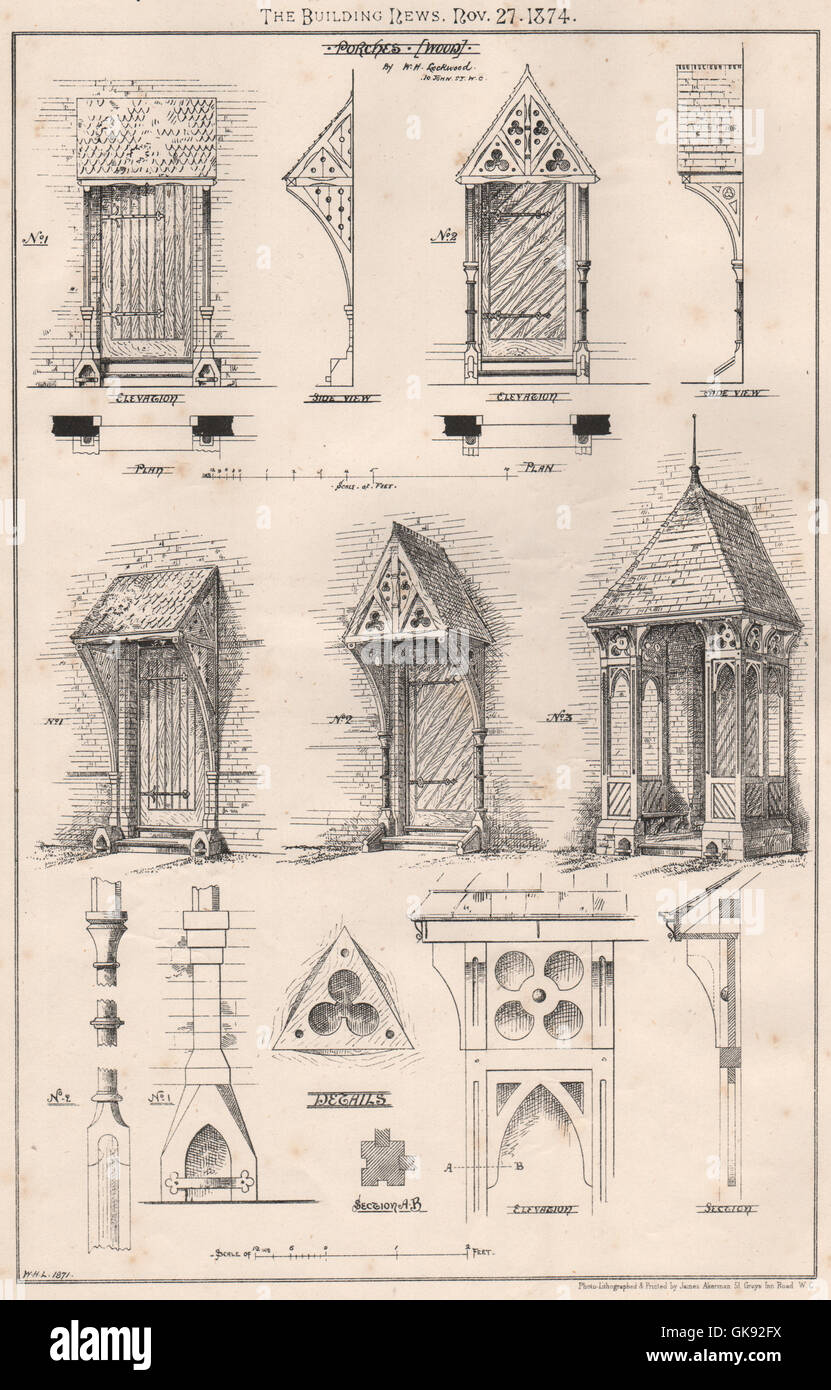 Porches (Wood); by W.H. Lockwood, 10 John St. W.C.. London, antique print 1874 Stock Photo