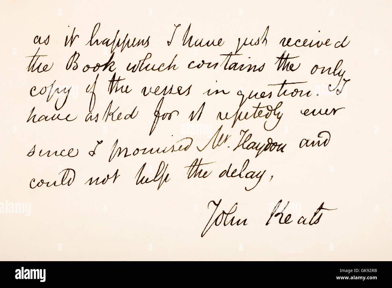John Keats, 1795 – 1821.  English Romantic poet.    Hand writing sample. Stock Photo