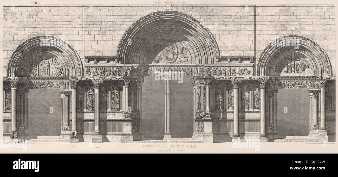 Portail de l'eglise de St. Gilles (Departement du Gard), antique print 1875 Stock Photo