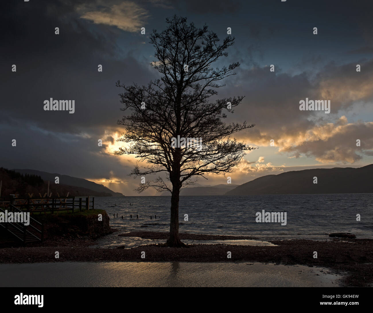 Threatening Skies gather over Loch Ness at Dores in Highland Scotland.  SCO 11,168. Stock Photo