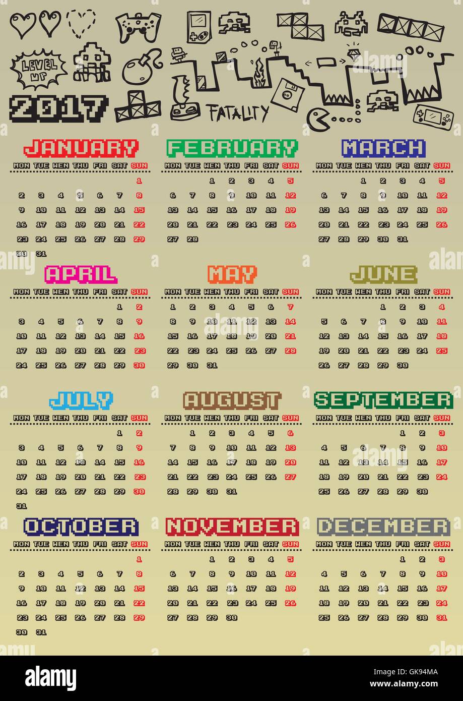 Videogames themed 2017 vector calendar. Week starts with monday. You can see hand drawn gaming doodles at the top and 2017 title Stock Vector
