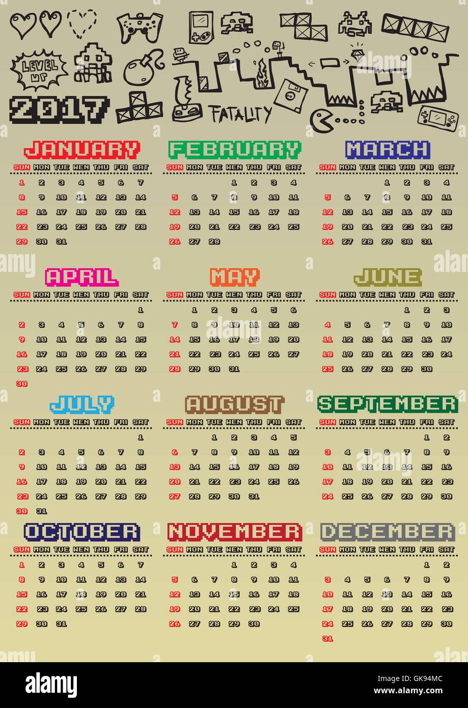 Videogames themed 2017 vector calendar. Week starts with sunday. You can see hand drawn gaming doodles at the top and 2017 title Stock Vector