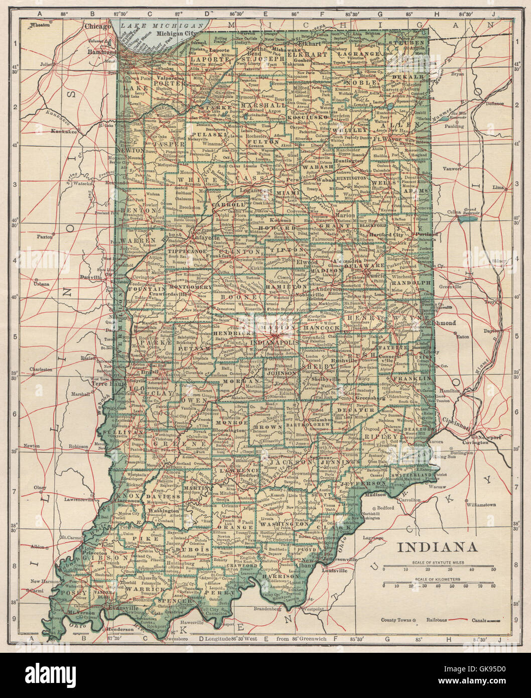 Indiana state map showing railroads. POATES, 1925 Stock Photo - Alamy