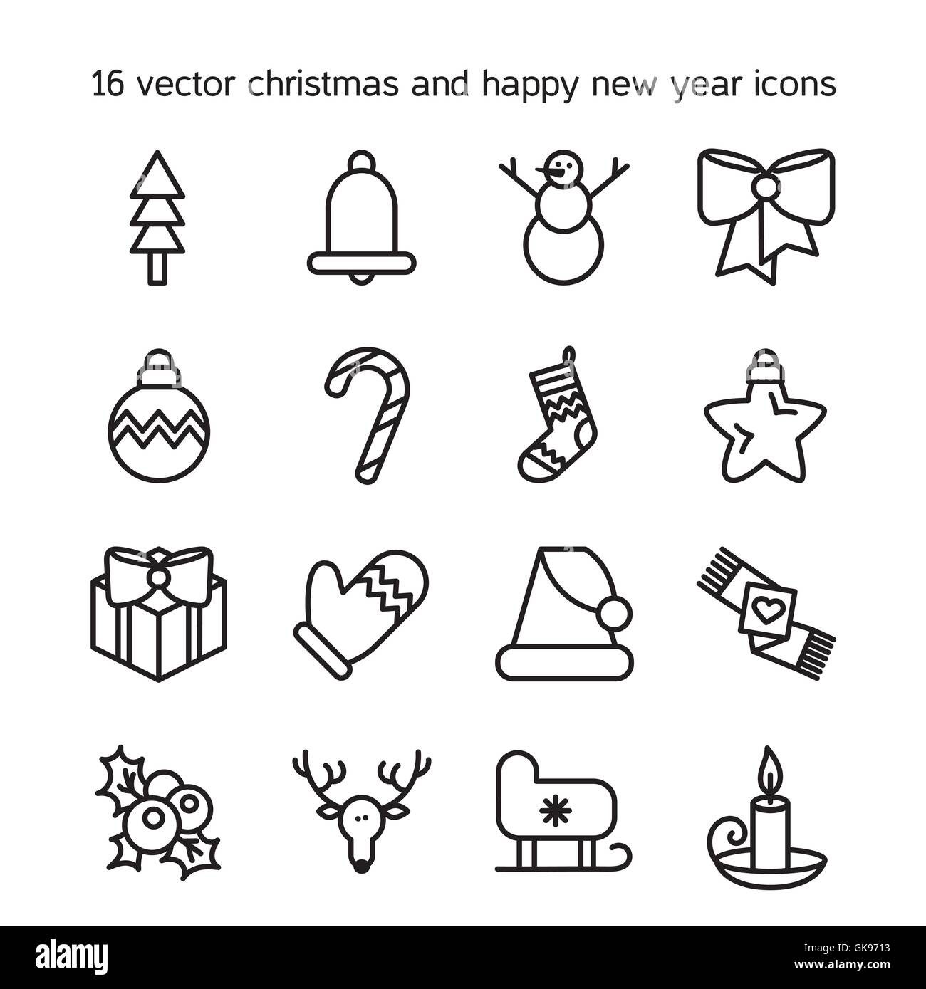 Merry Christmas icons set. Happy new year symbols. Winter holiday signs. Vector Stock Vector